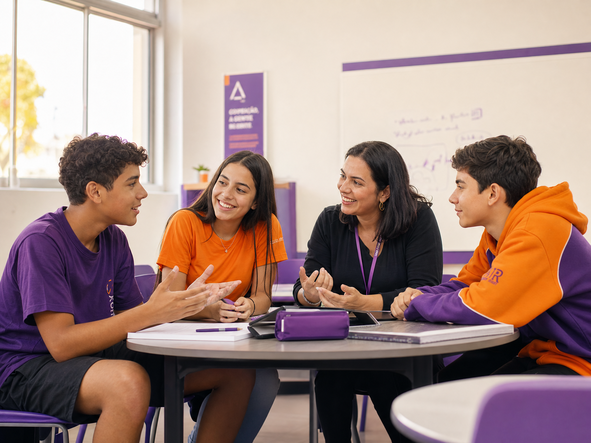 Turma reduzida — professor e três adolescentes, todos participando