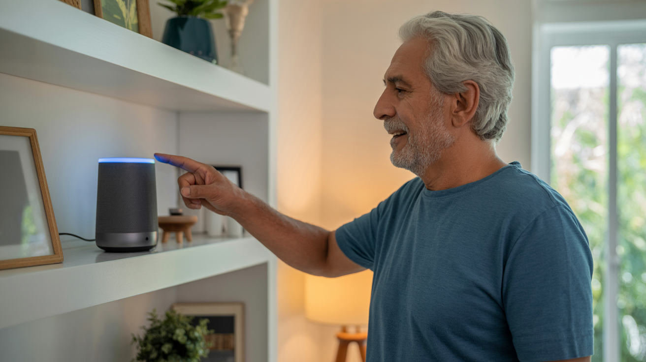 Senior using smart home voice control technology to manage home automation