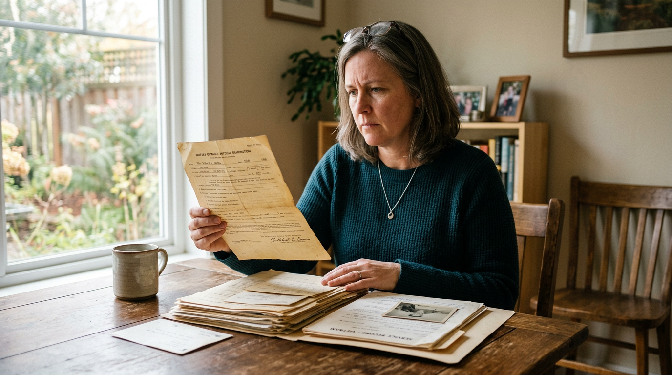 A veteran comparing her old military entrance physical with her service records