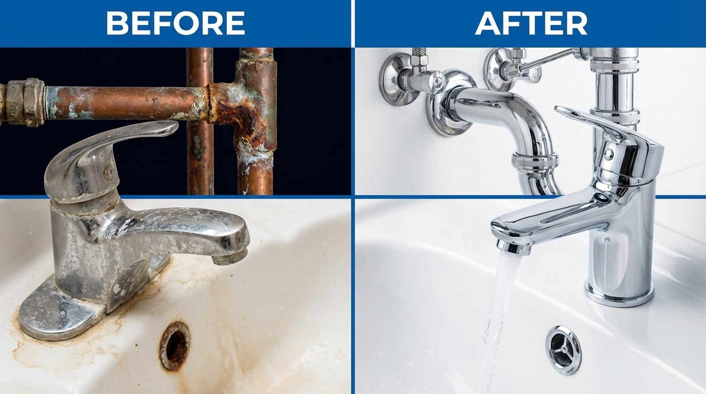 Before and after comparison showing hard water scale damage versus clean fixtures with soft water