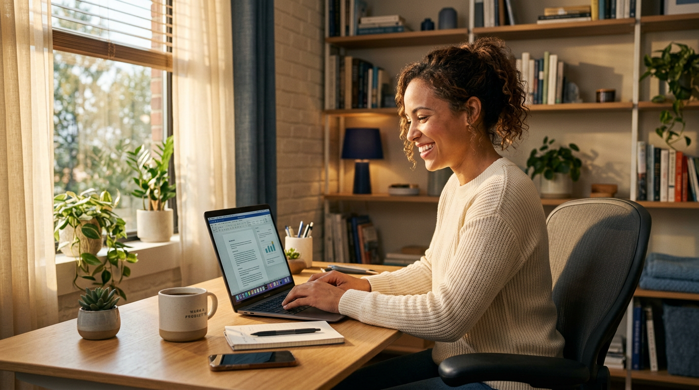 Pessoa sorrindo ao completar tarefa no laptop, satisfação com decisões tomadas