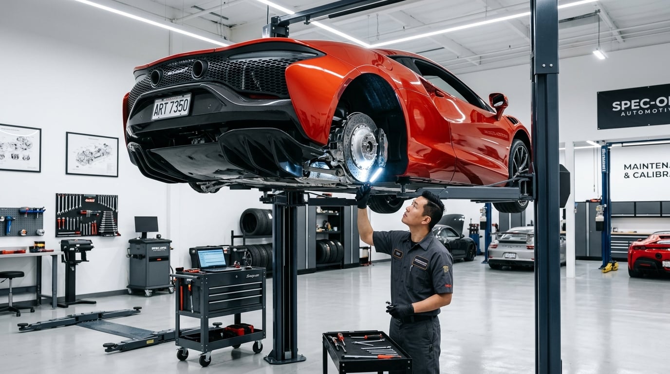Exotic sports car on a service lift being inspected by a technician