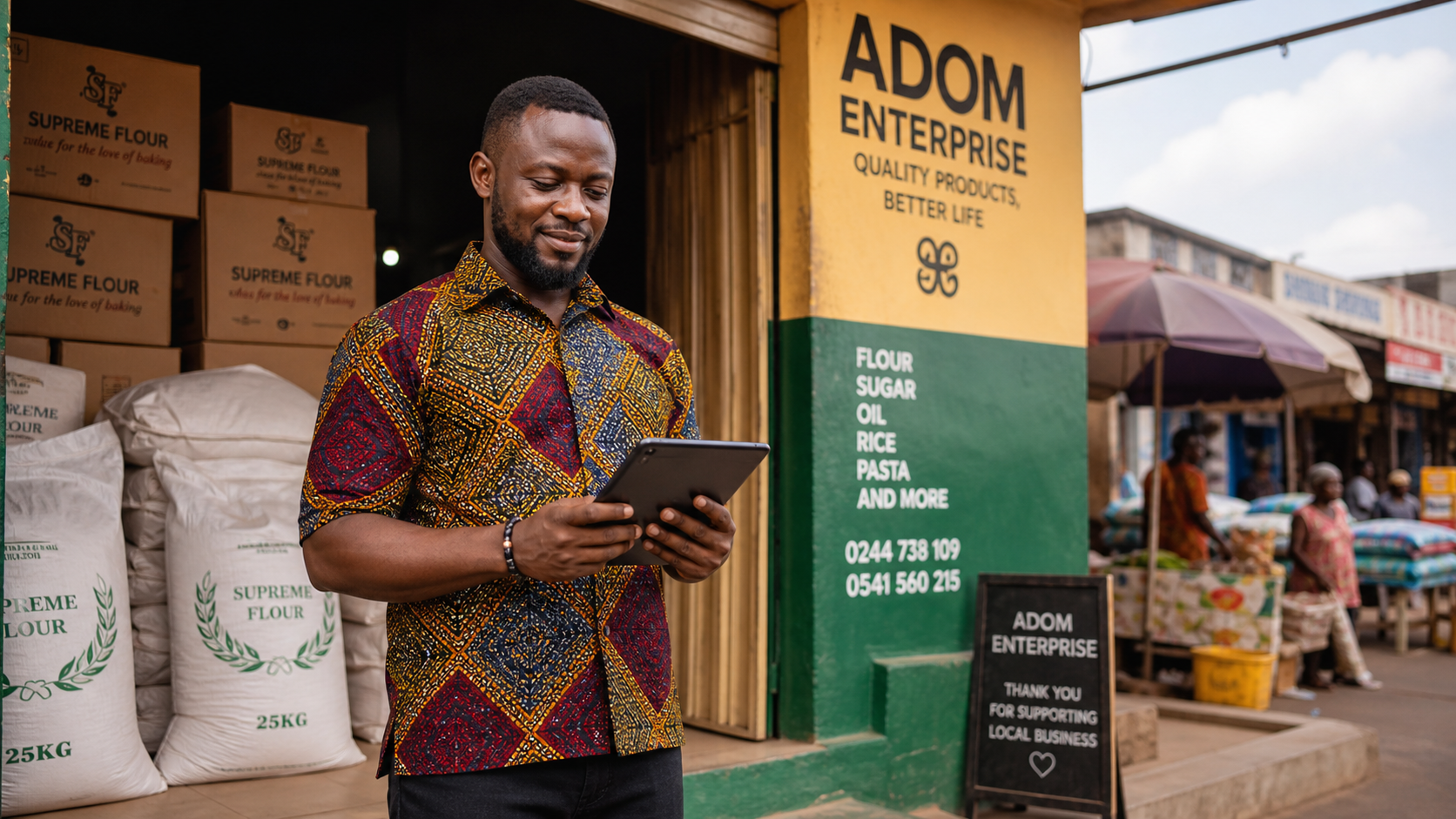 A confident Ghanaian small business owner in smart-casual attire reviews documents outside a colourful storefront, with a bustling market scene in the background
