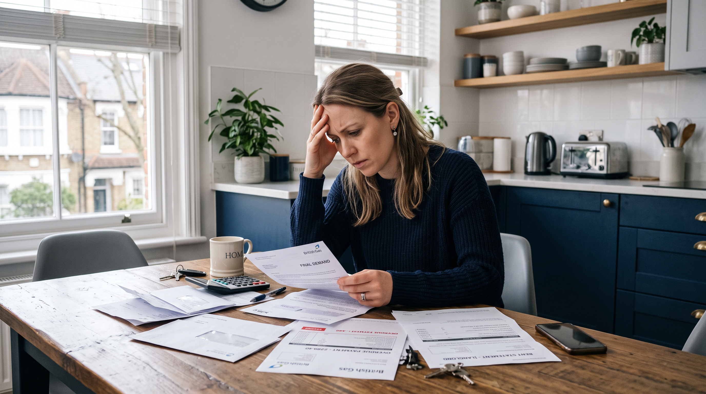 Concerned person reviewing bills and rent statements at a UK kitchen table