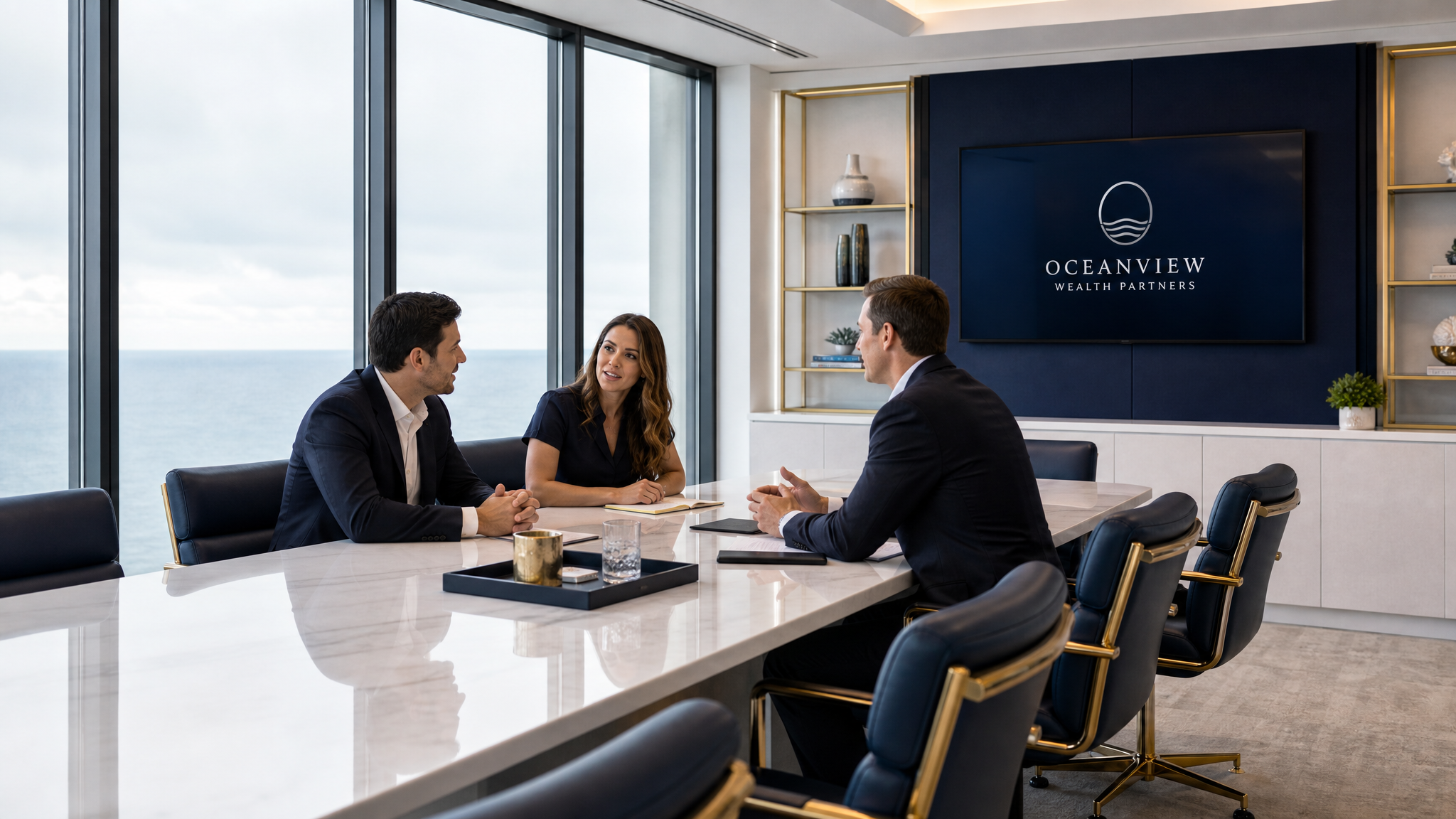 Modern corporate consultation room overlooking the ocean