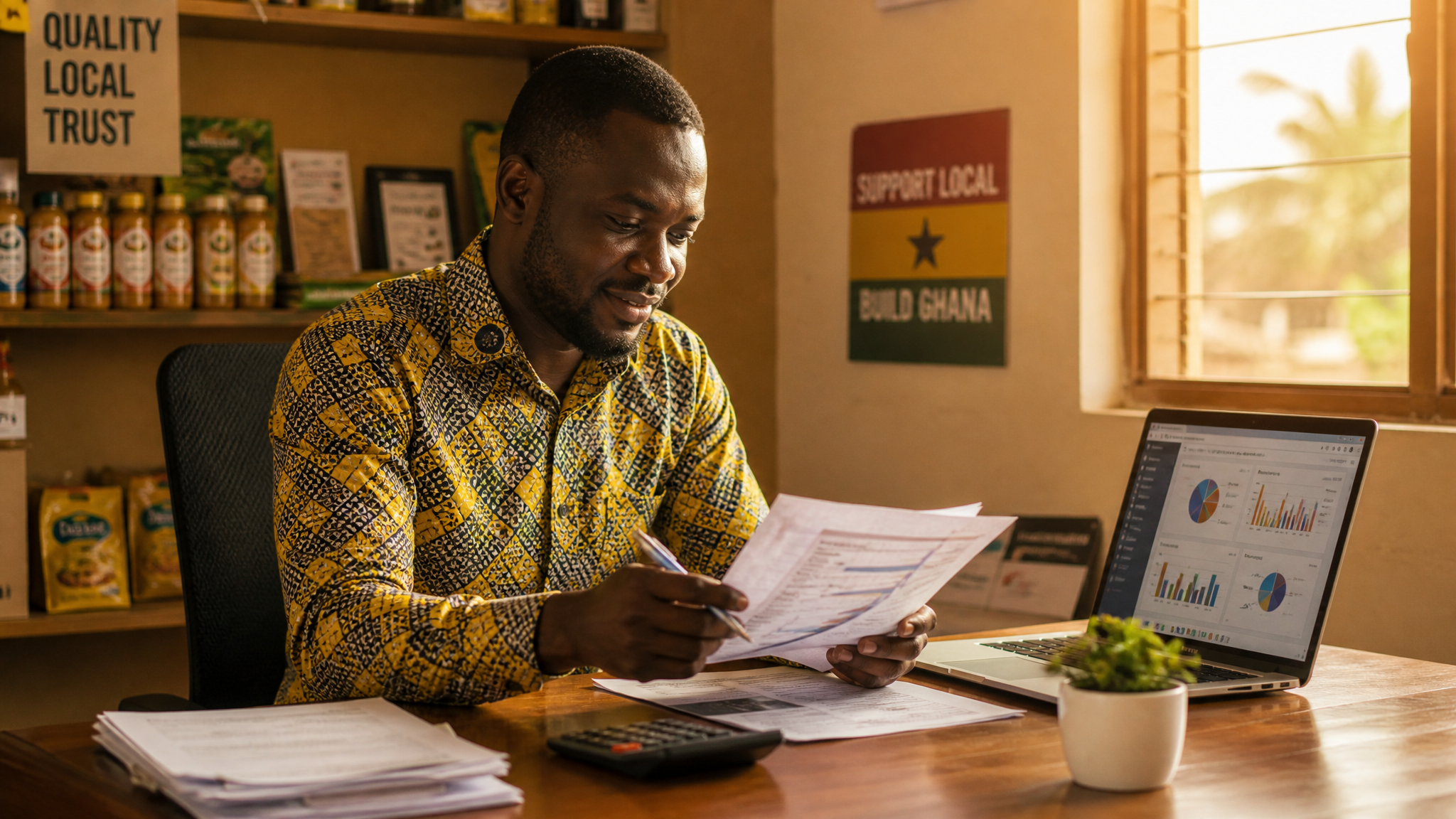 A confident Ghanaian business owner in smart-casual attire reviews financial charts on a laptop in a tidy, warmly-lit small office