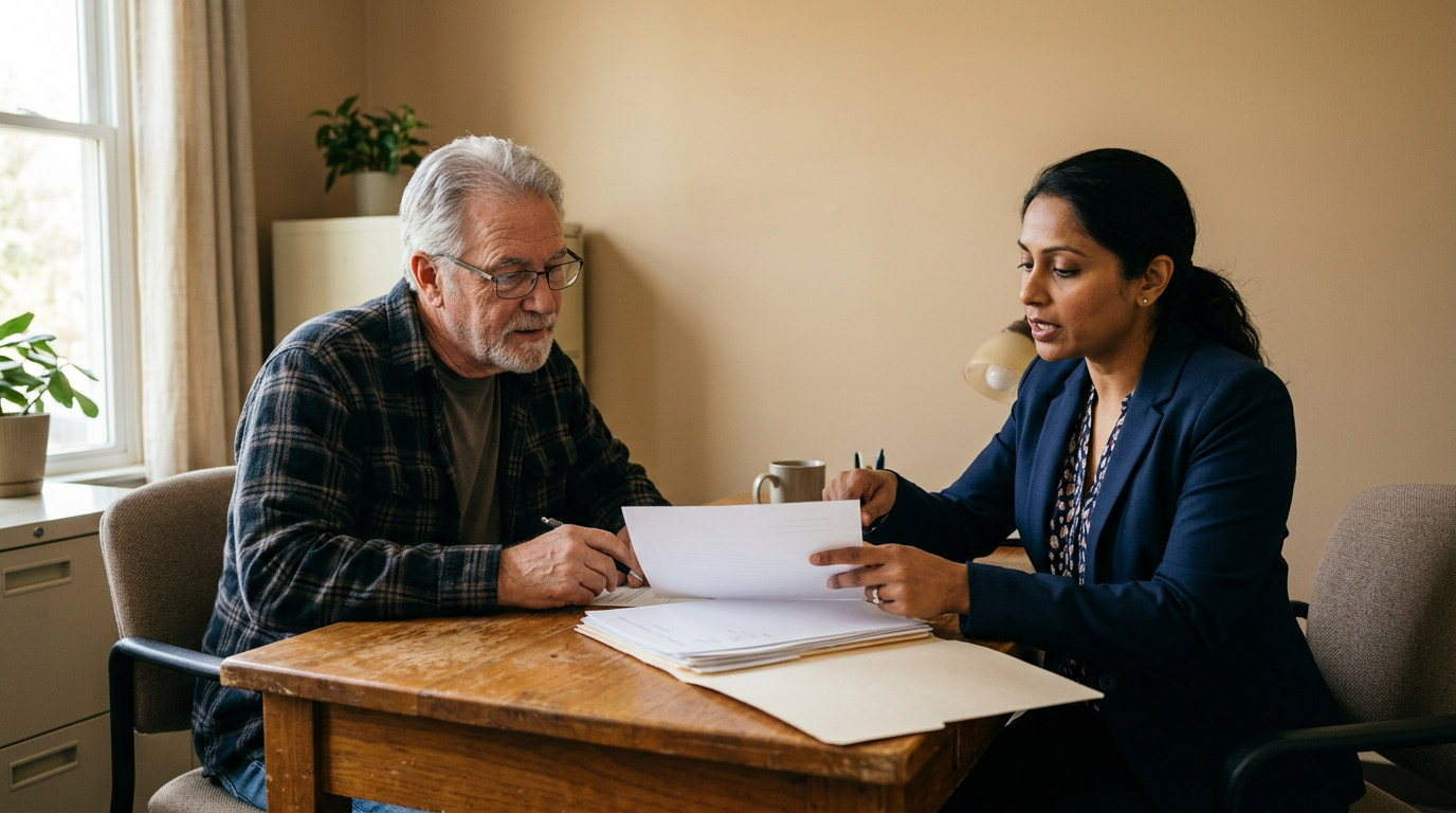 Veteran reviewing claims evidence and medical records with a disability advocate