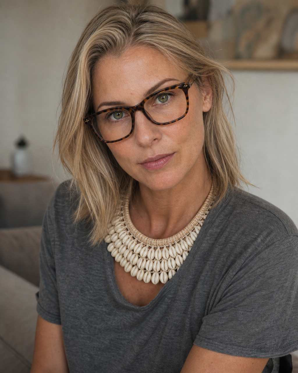 Elizabeth Groch wearing the Bali Shell Collar
