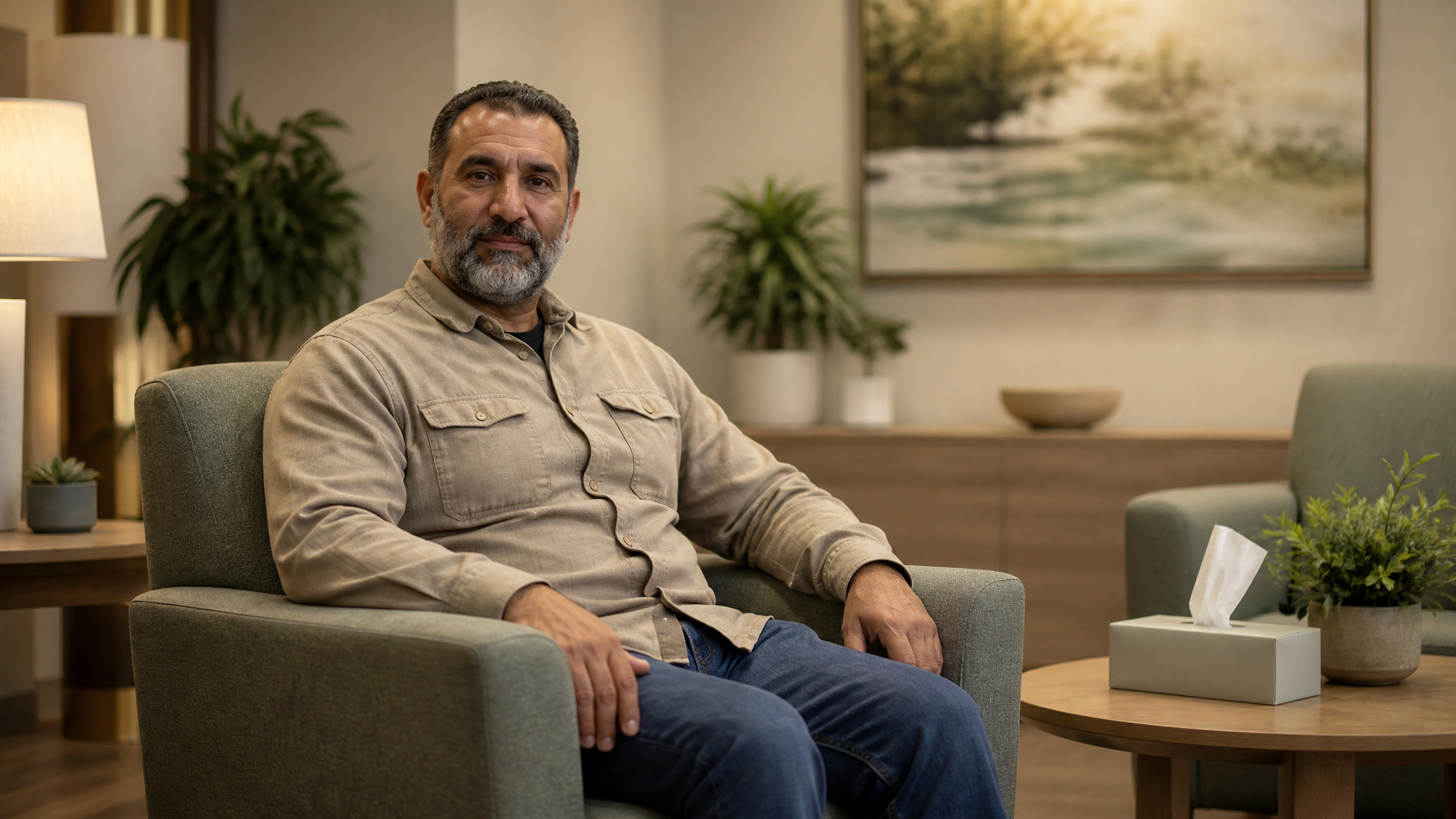 Middle Eastern male veteran sitting calmly in comfortable waiting area before appointment