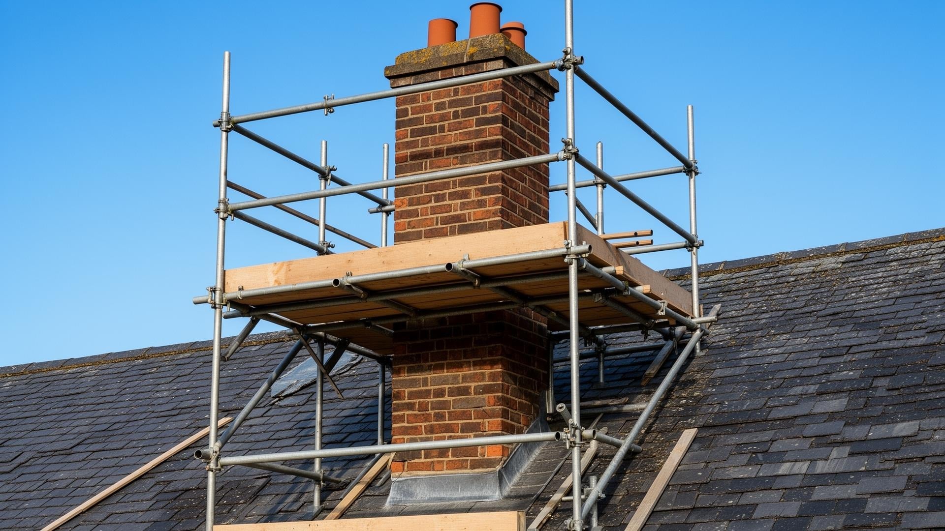 Scaffold around a chimney stack being repaired on a British house