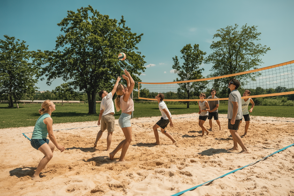 People playing volleyball at The Hayfield courts