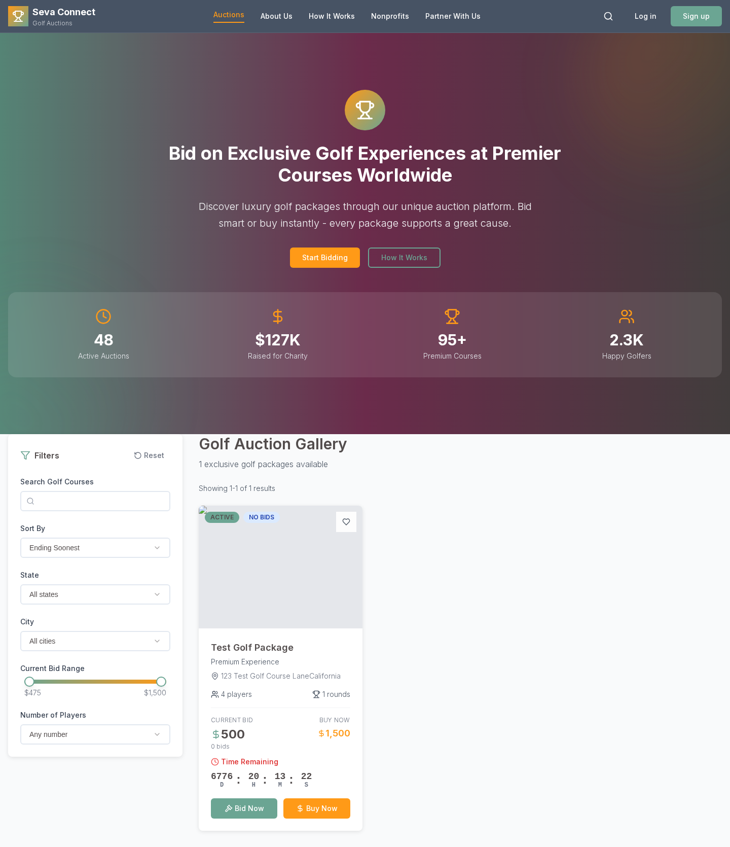 Seva Connect Golf auction platform with golf course imagery