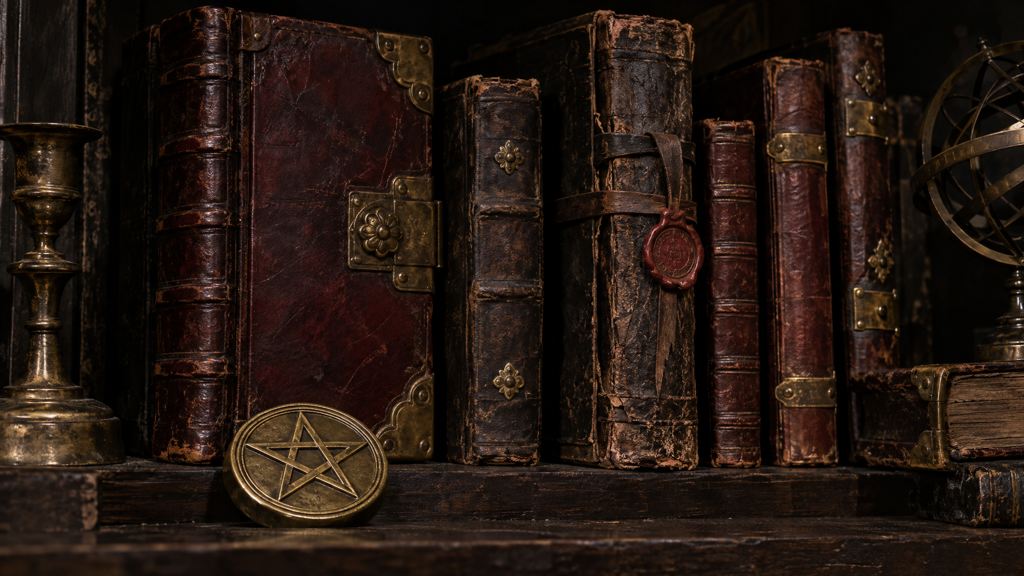 A dark shelf of clasped leather grimoires lit by a single candle