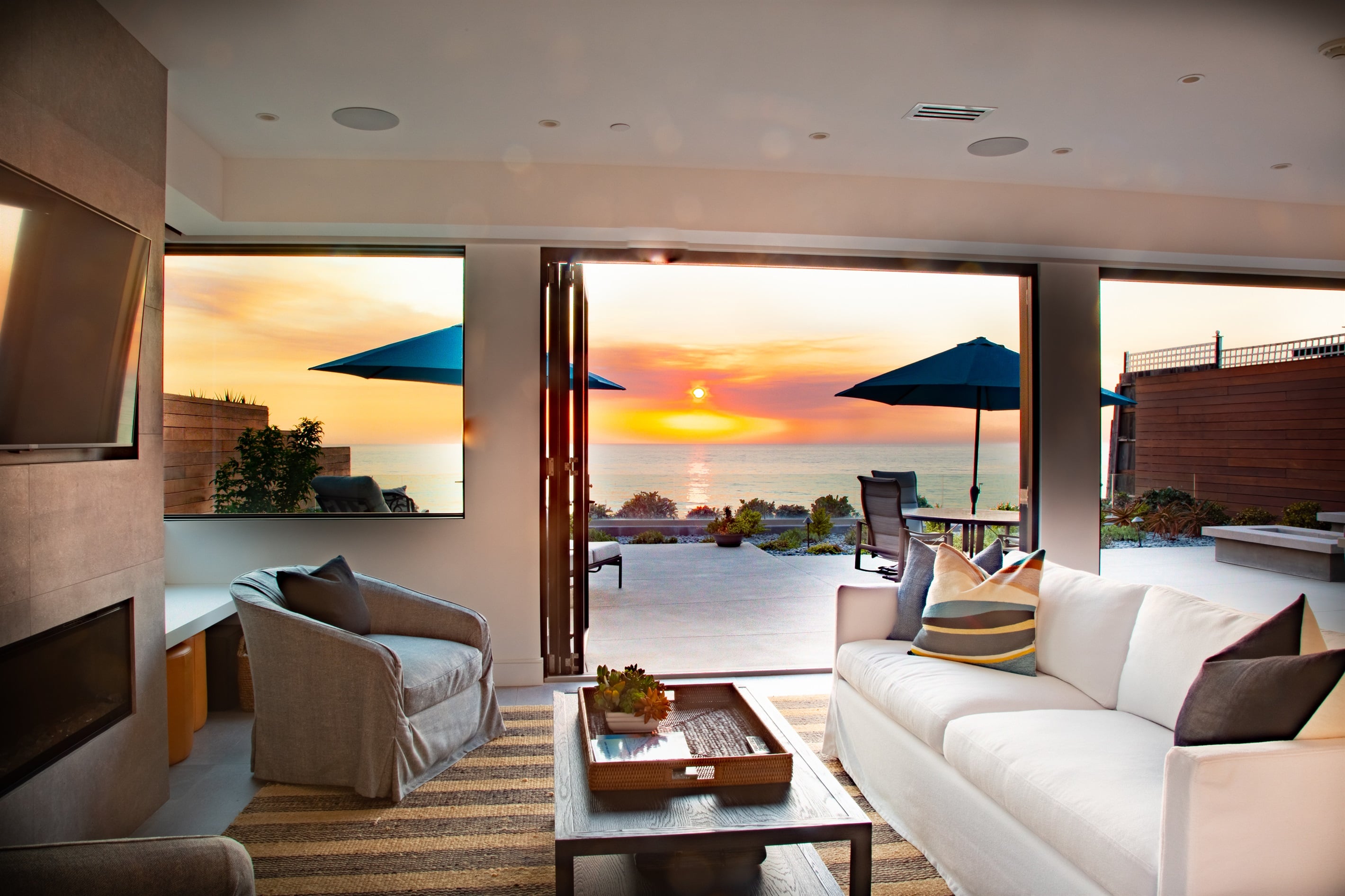 Modern vacation rental living room with ocean views in Fort Lauderdale area
