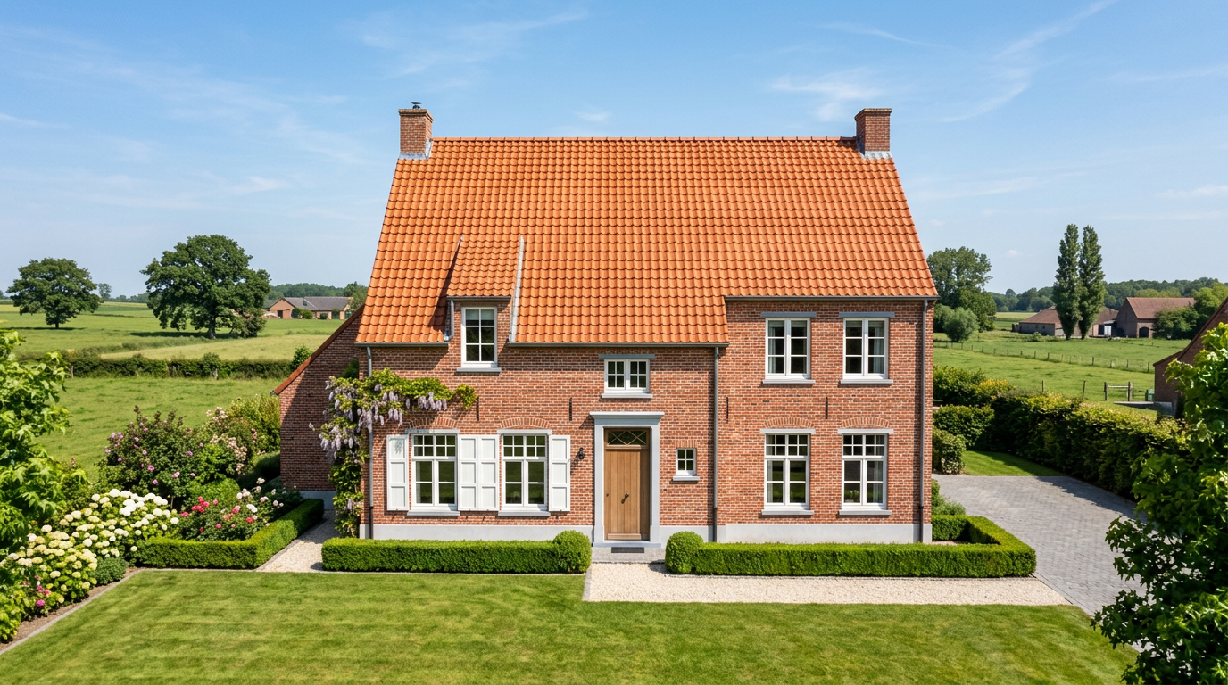 Flemish brick house with new orange clay tile roof
