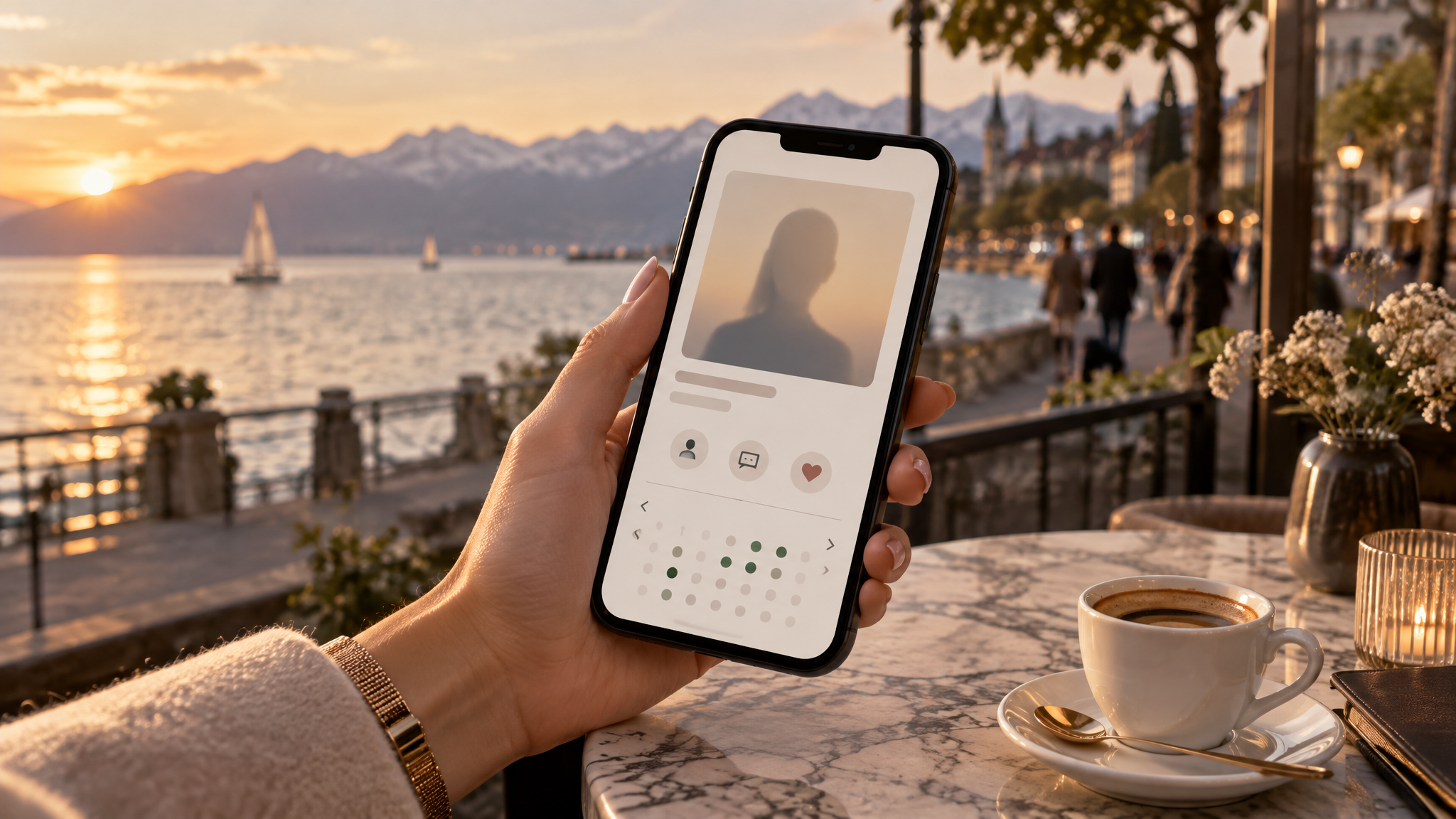 Main tenant un smartphone affichant une fiche de profil et un calendrier de disponibilités, sur une table de café face au lac Léman à Lausanne