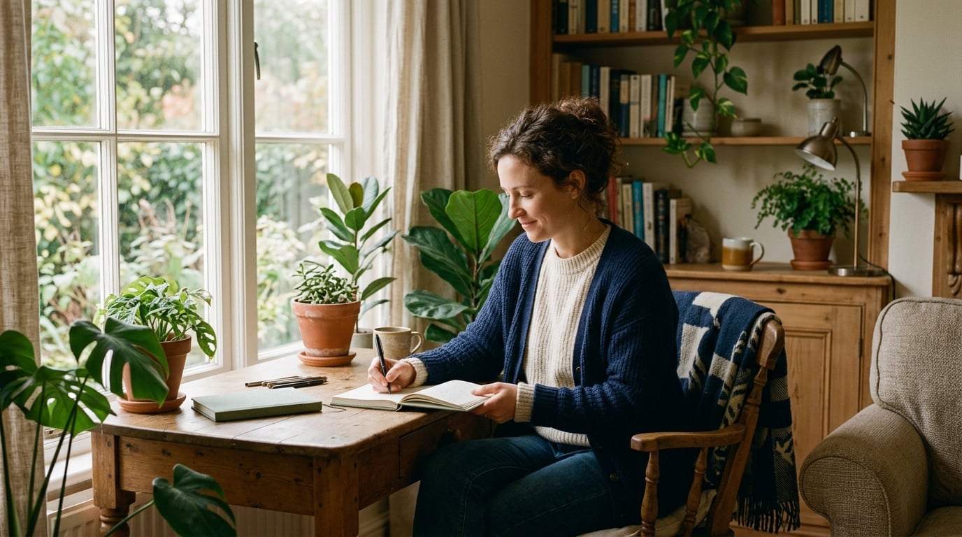 A person calmly journaling and working through their thoughts on paper