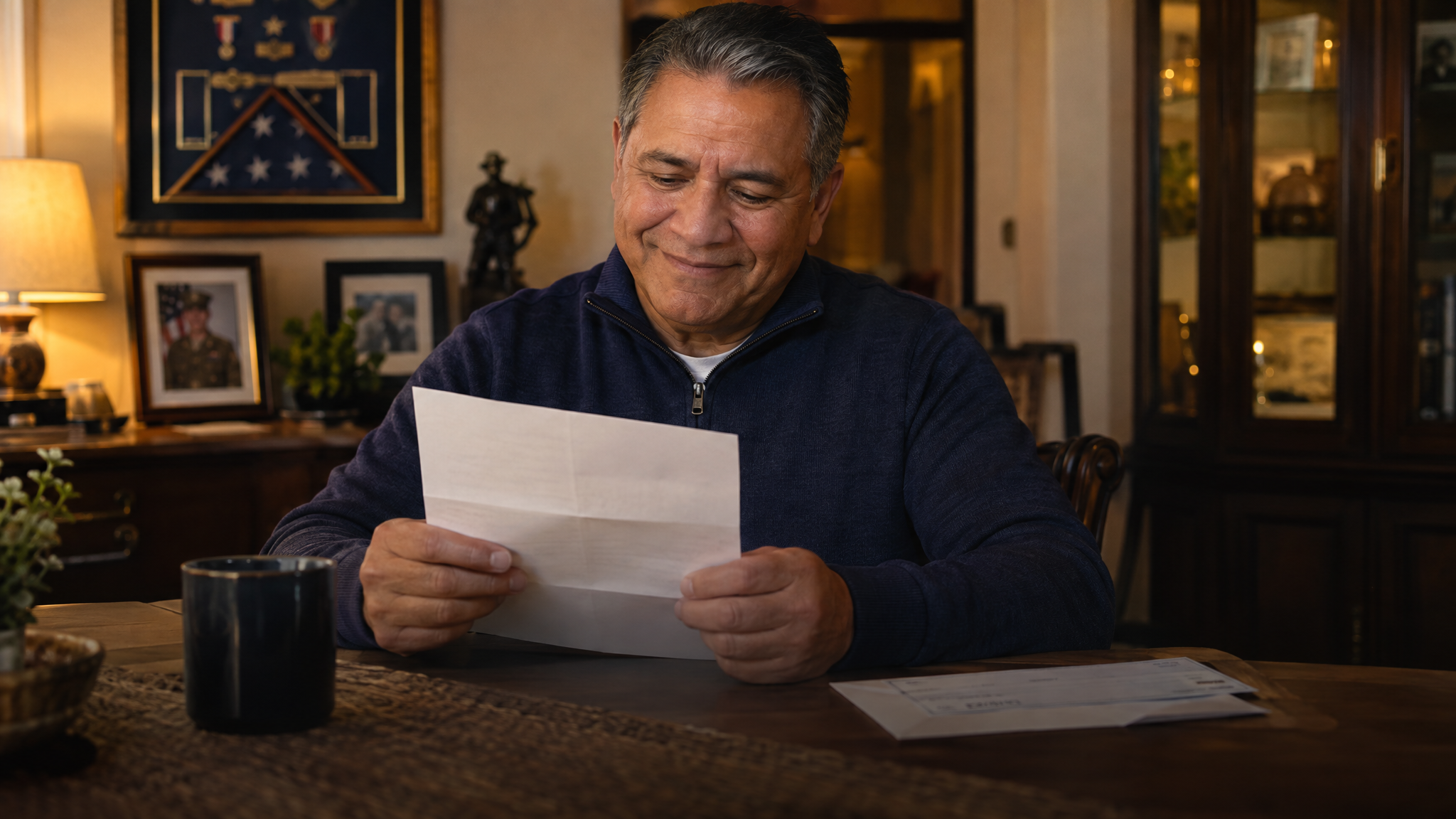 A veteran in his fifties smiling with relief as he reads his VA award letter at the dining table, nothing paid up front