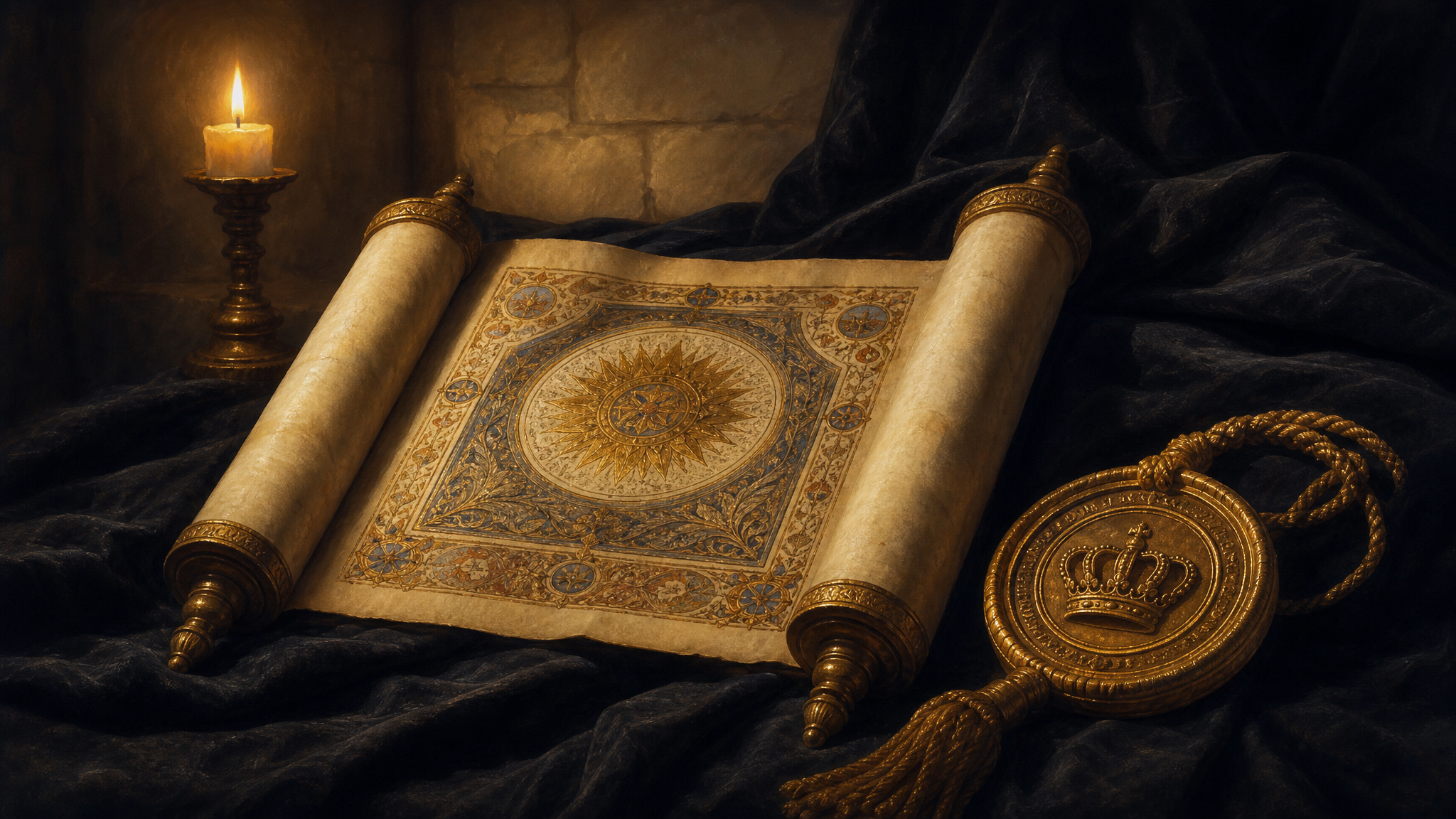 An open illuminated charter beside a golden royal seal in candlelight