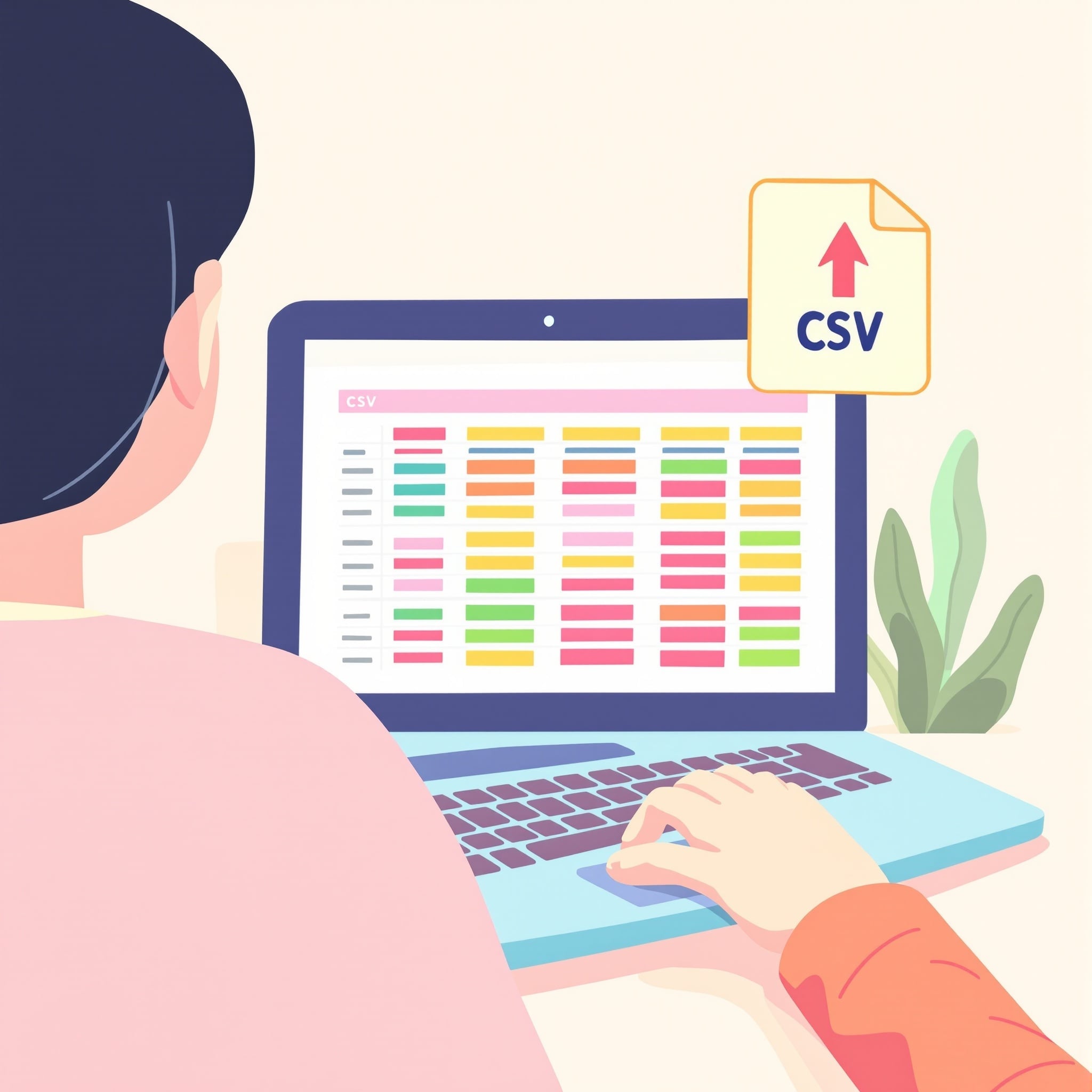 Illustration of a person uploading a CSV spreadsheet file on a laptop