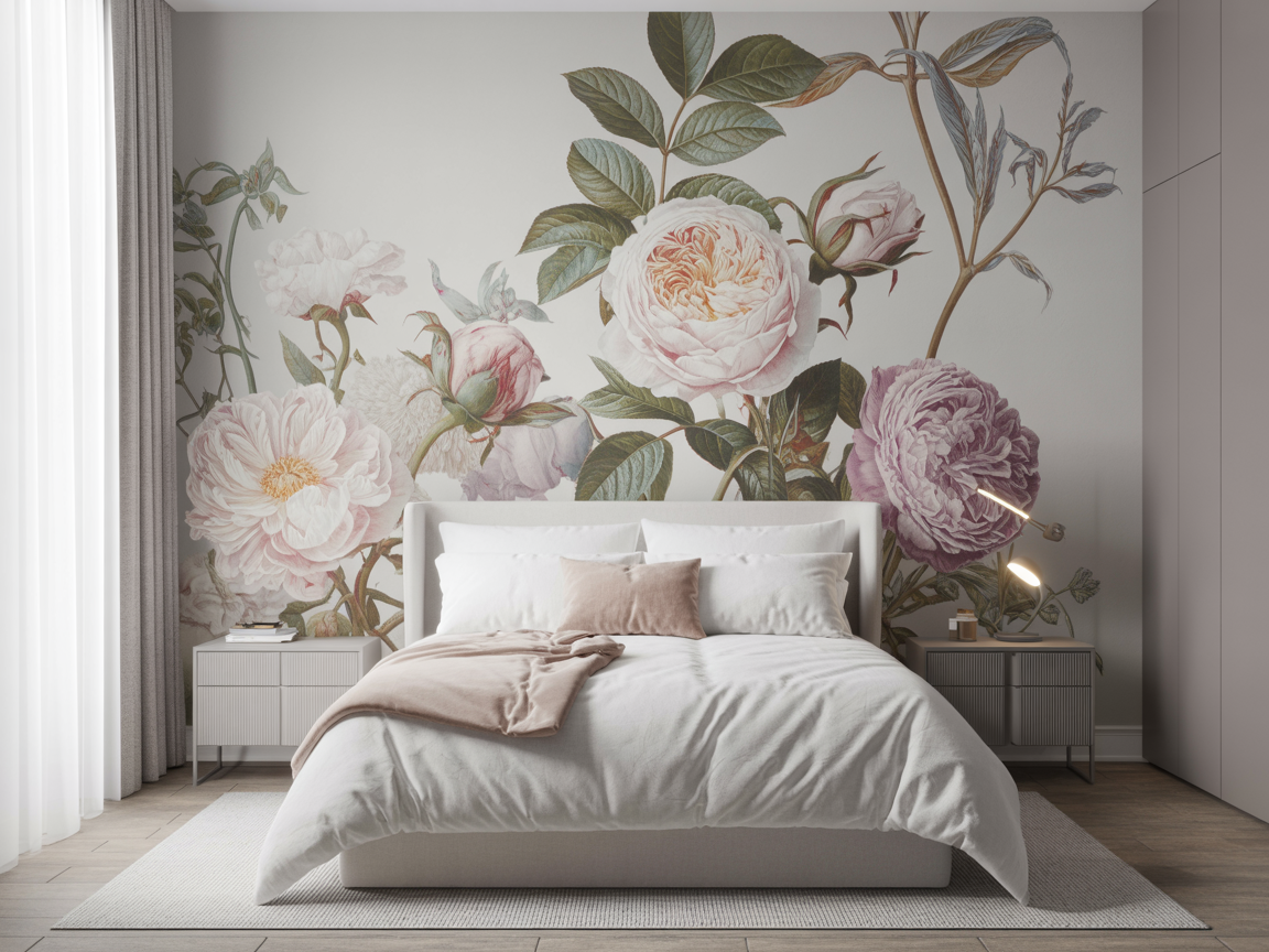 Individuelles botanisches Kunstwerk als Wanddruck im Schlafzimmer