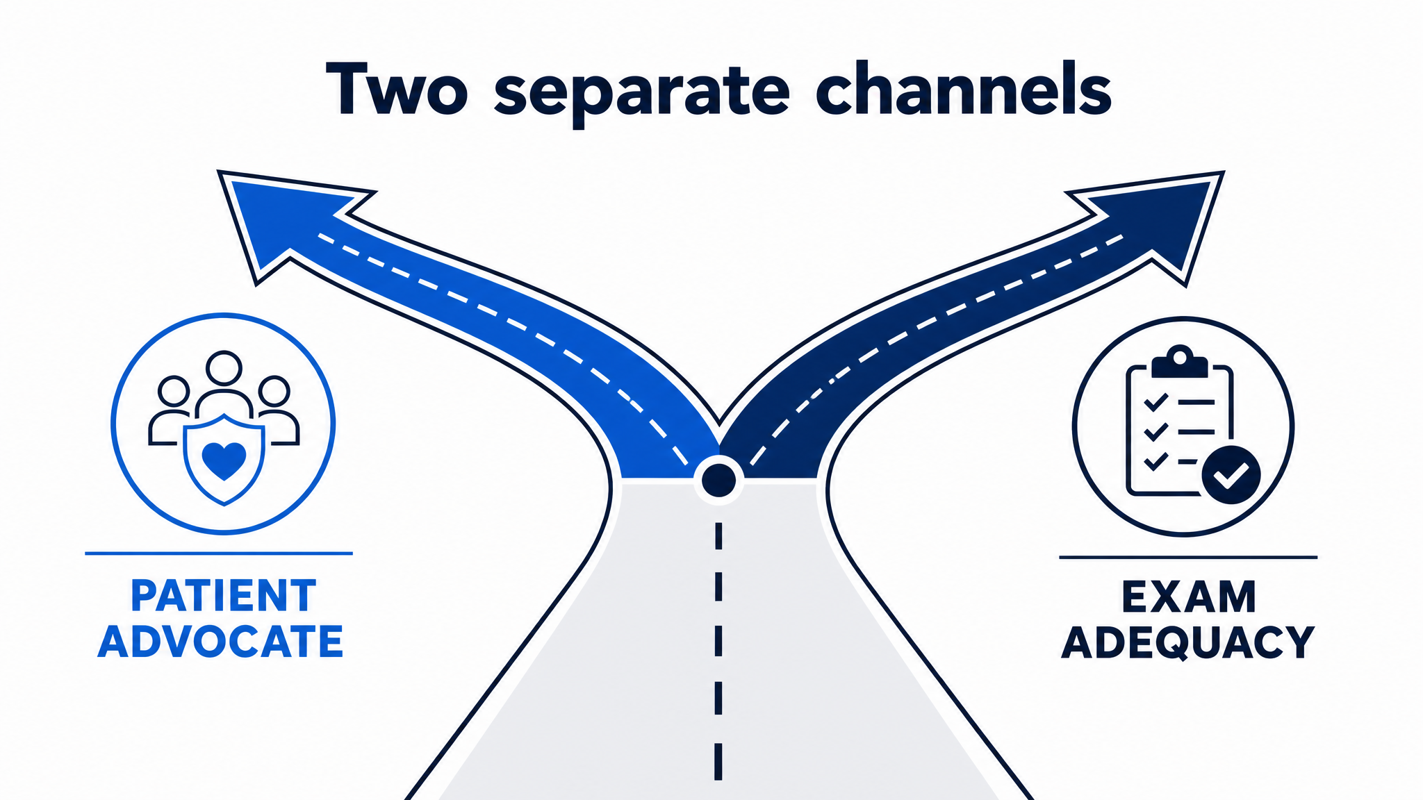 Flat infographic of two separate tracks, one labeled Patient Advocate for conduct and one labeled Exam Adequacy