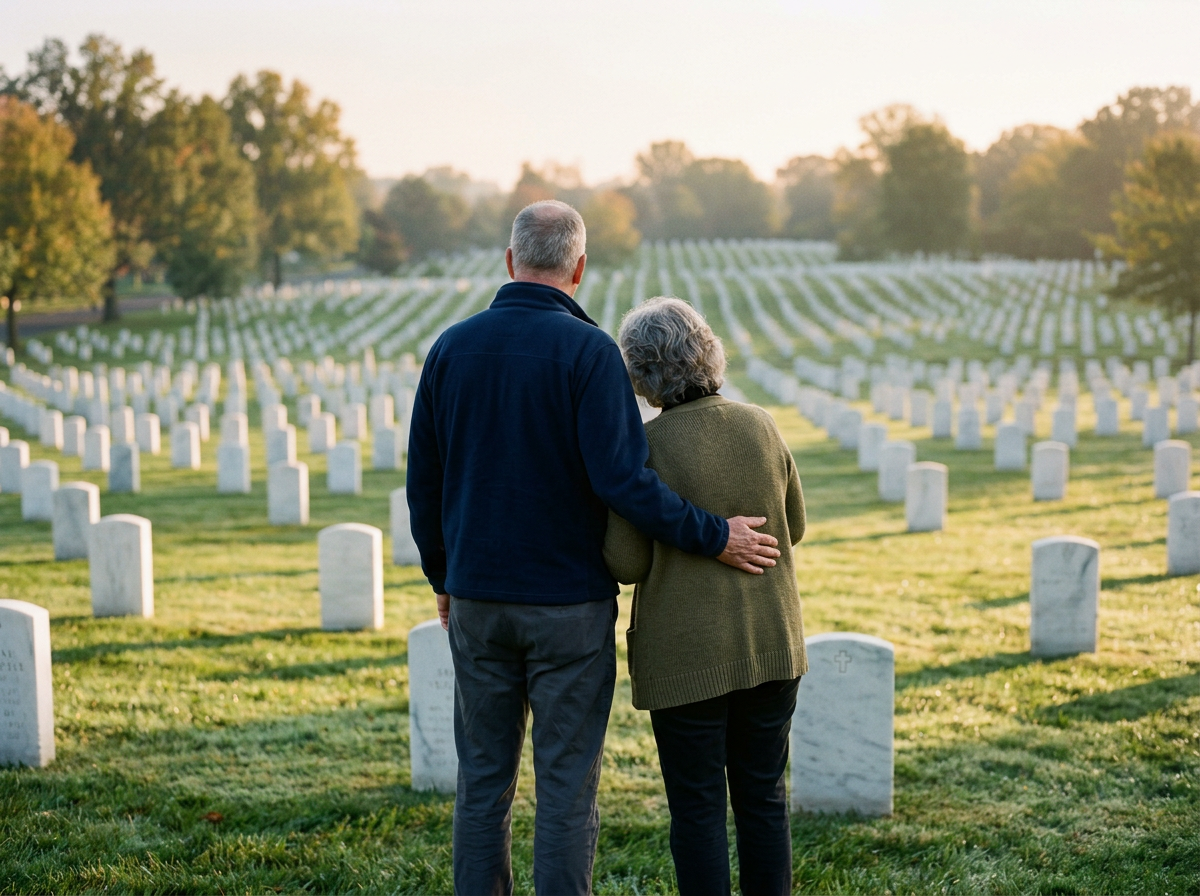 Mother and adult son standing among rows of white headstones at a national cemetery
