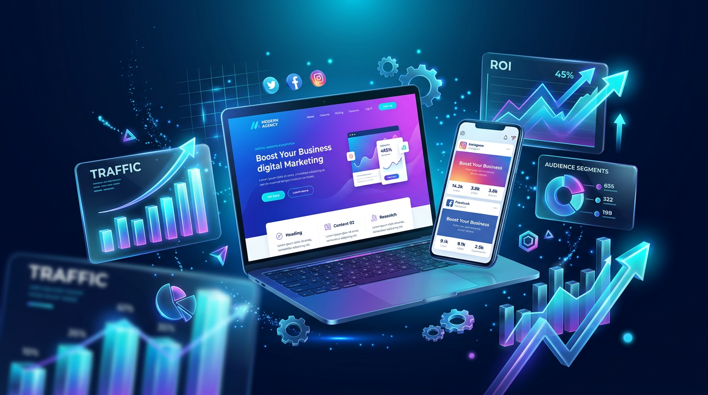 Digital marketing dashboard with website, social ads and analytics growth charts