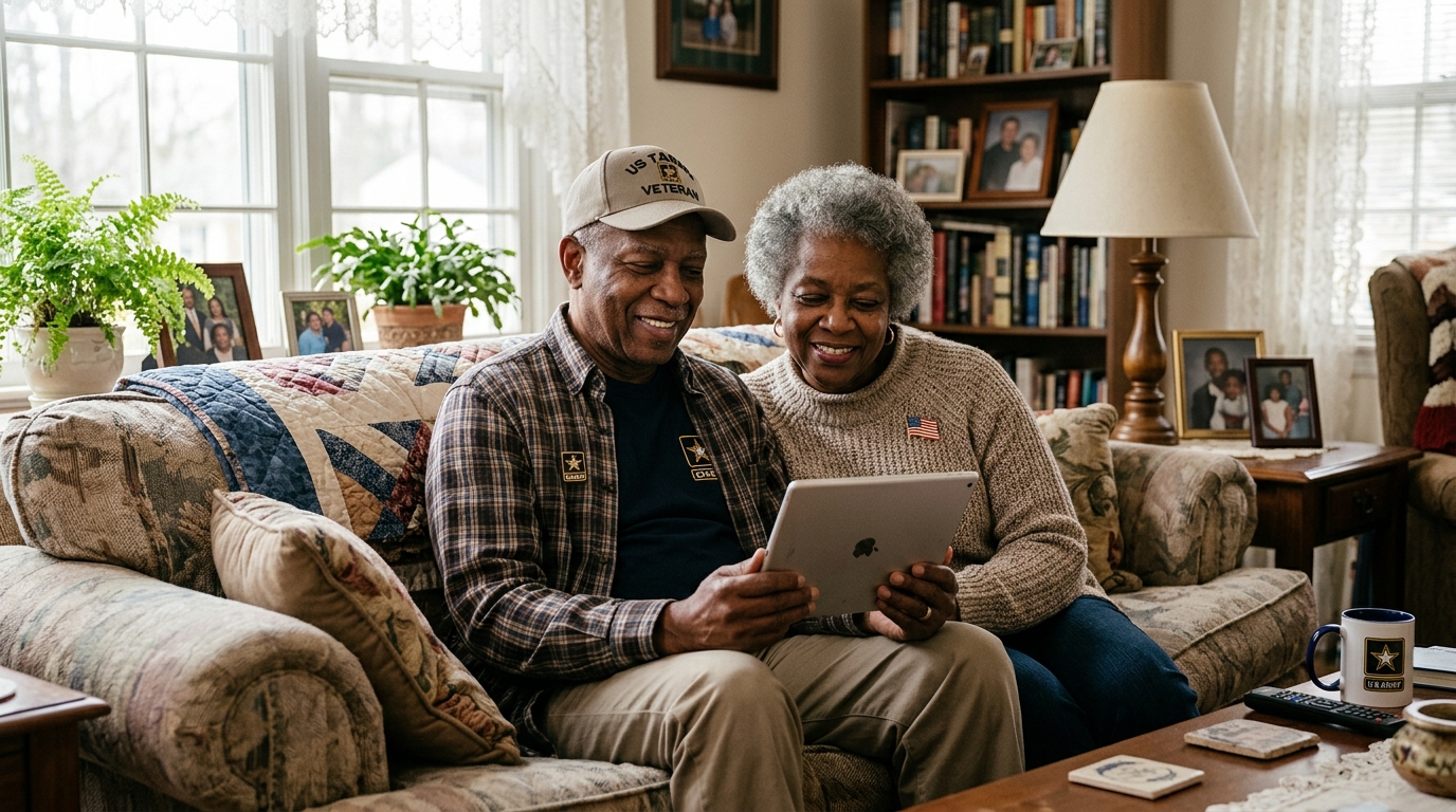 A Black senior veteran and his wife watching an educational VA benefits video together at home