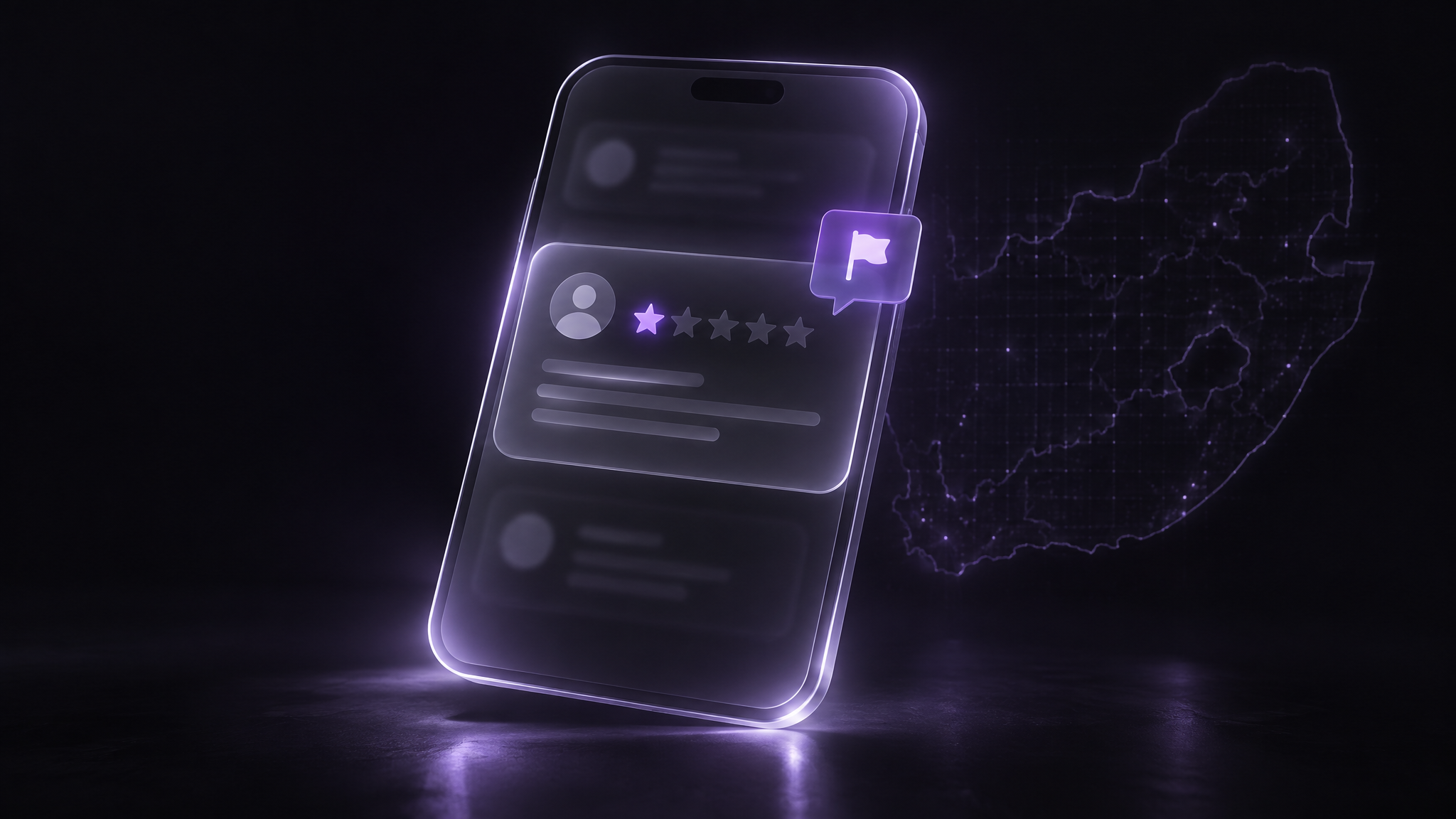 A frosted glass smartphone showing a suspicious one-star Google review with a glowing violet warning flag, floating in the dark against a faint South African map grid