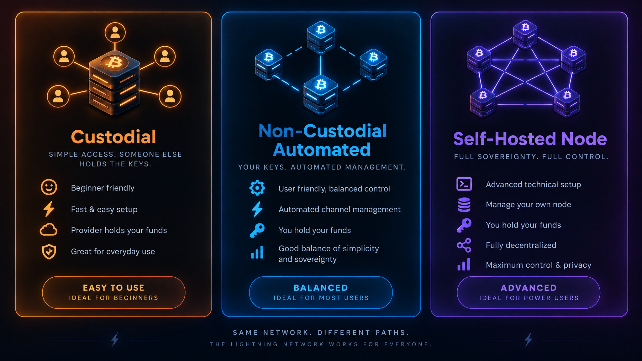 Lightning Network wallet types comparison — custodial, non-custodial automated, and self-hosted node