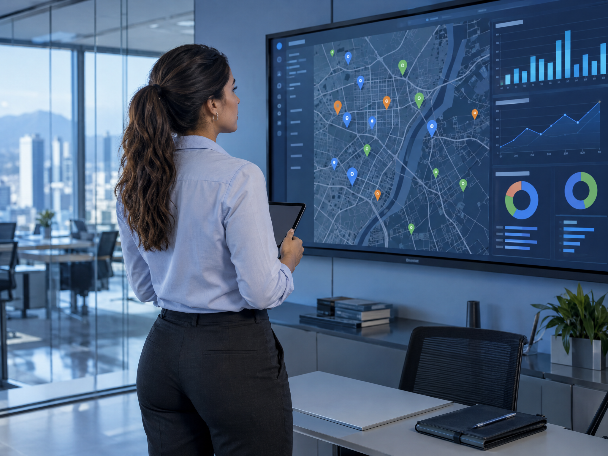 Supervisora observando el mapa y los indicadores de LogisSE en una pantalla