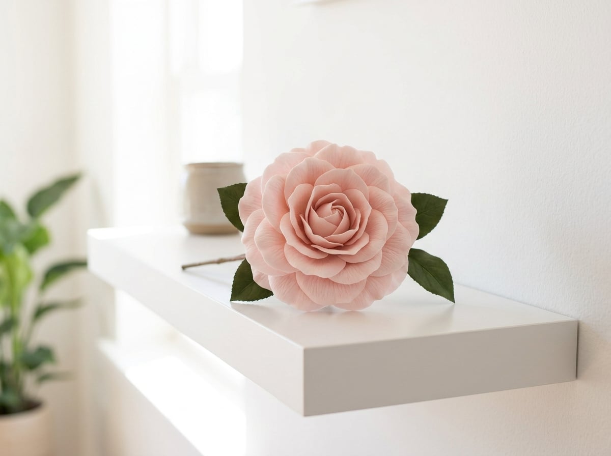 Finished realistic pink foam camellia flower displayed on a white shelf in a modern home
