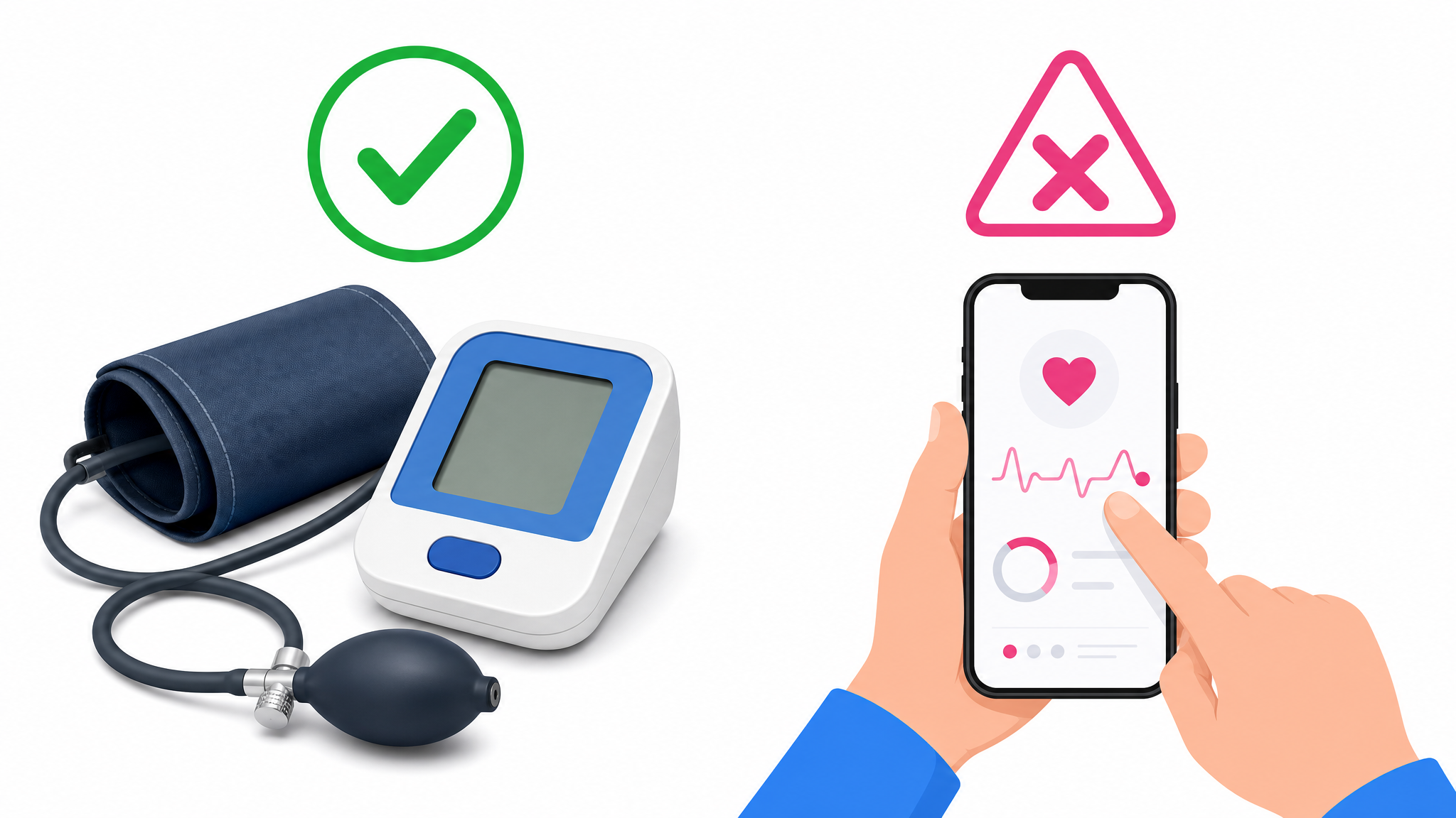 Comparacion: a la izquierda un tensiometro de brazo validado marcado como correcto, a la derecha una app que dice medir la presion con el dedo en la camara marcada como falsa