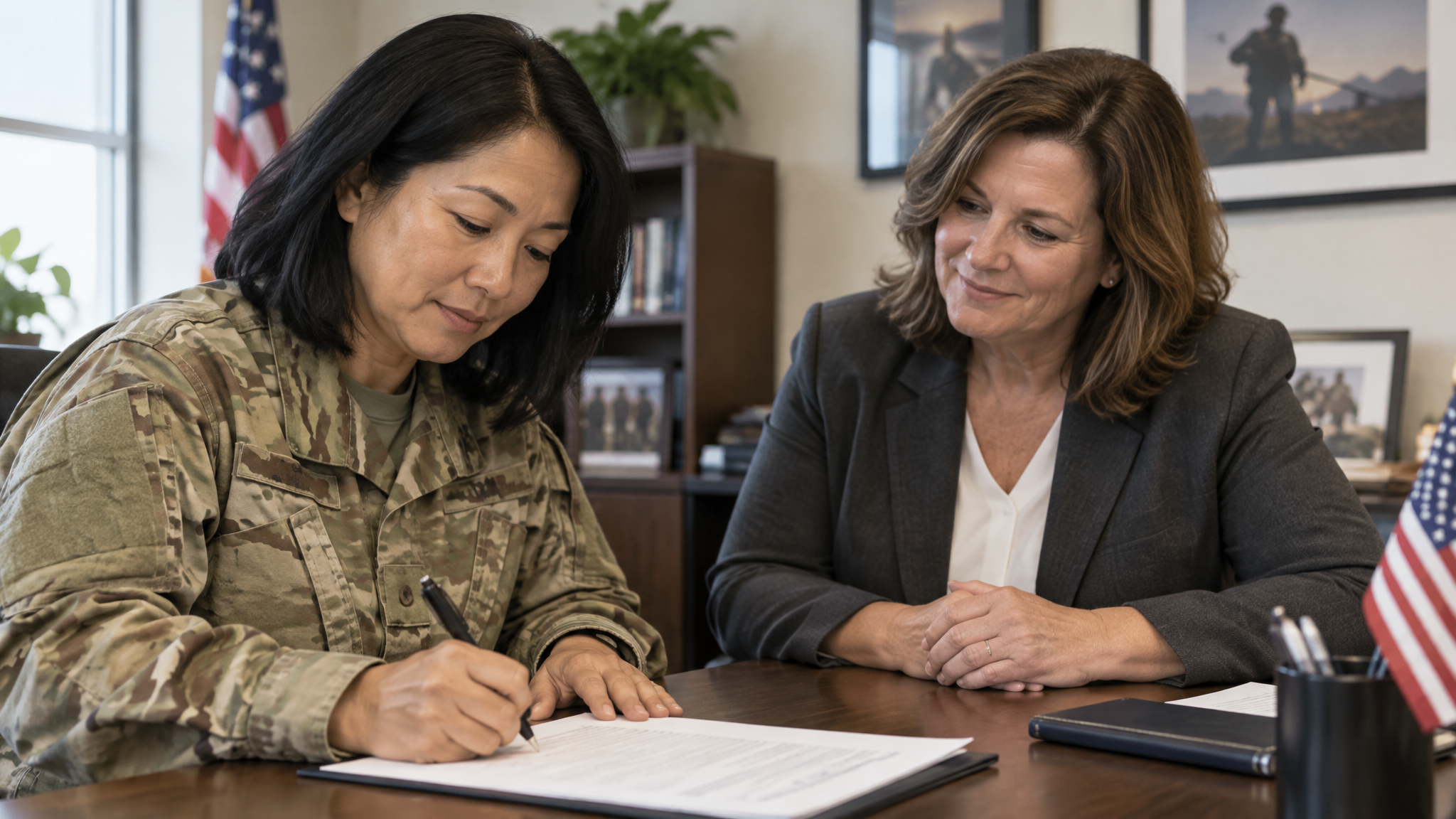A woman veteran in an OCP jacket signing a document with a woman advocate seated beside her