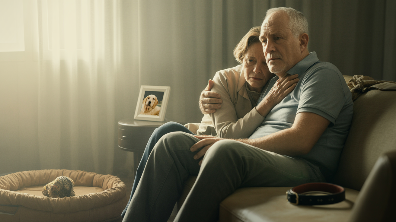 Elderly couple grieving together on couch, holding empty dog collar and framed photo