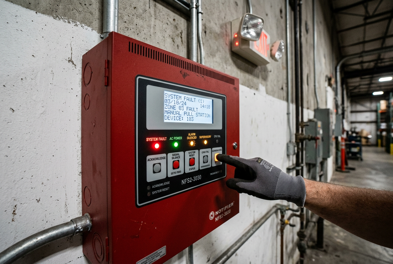 Fire alarm control panel with warning indicator lights and technician inspecting system impairment