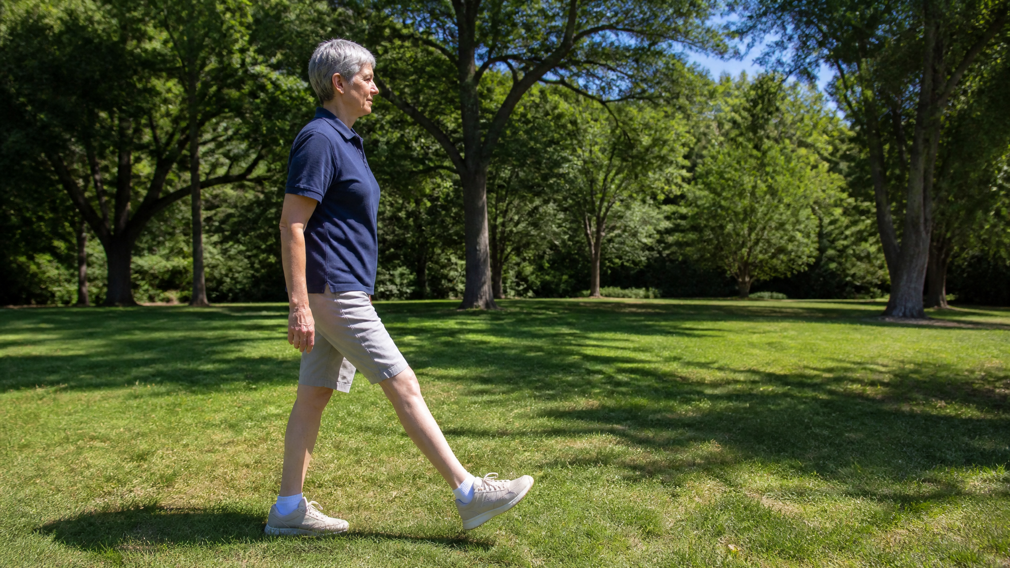 Photograph of a person walking outdoors with a stiff-legged gait, swinging the rigid straight leg out from the hip