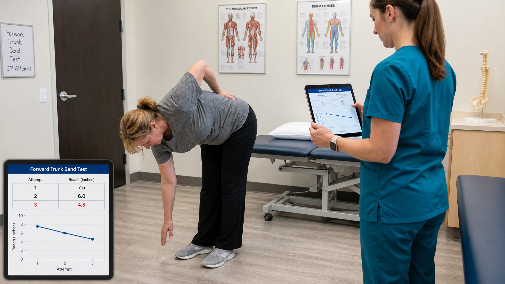 White woman repeating a trunk forward-bend a third time with visible fatigue while a clinician records progressive loss