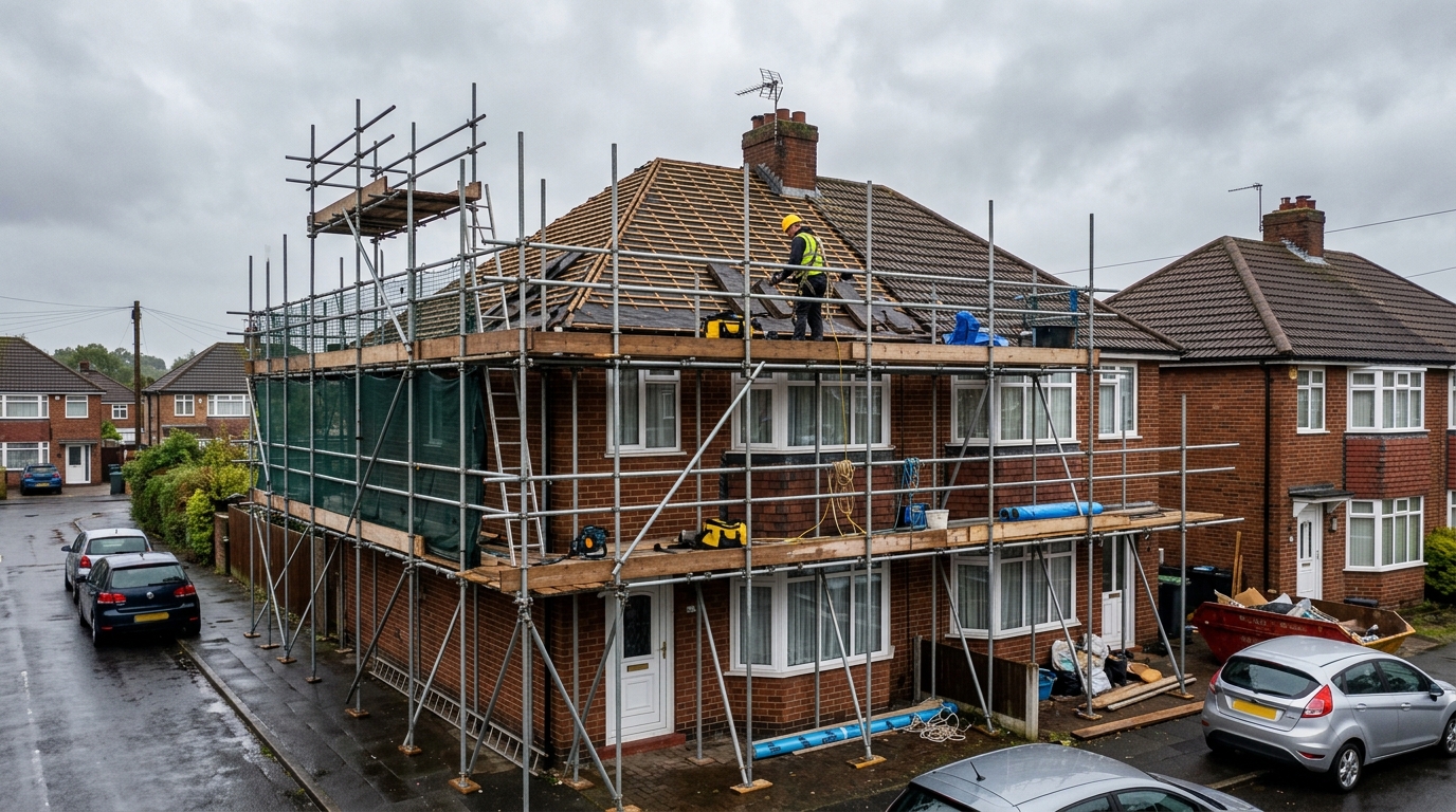 Scaffolding erected during roof replacement project