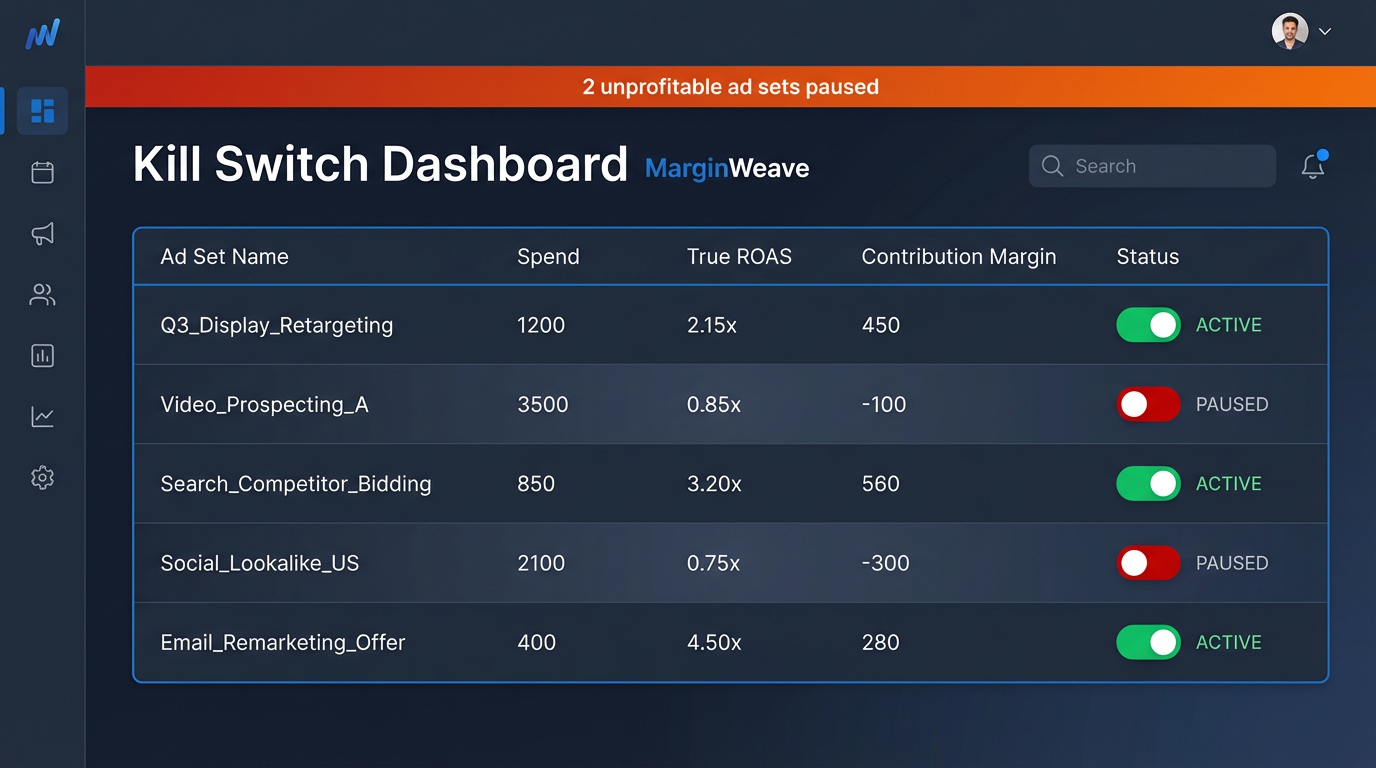 MarginWeave Kill Switch dashboard showing paused unprofitable ad sets with contribution margin data