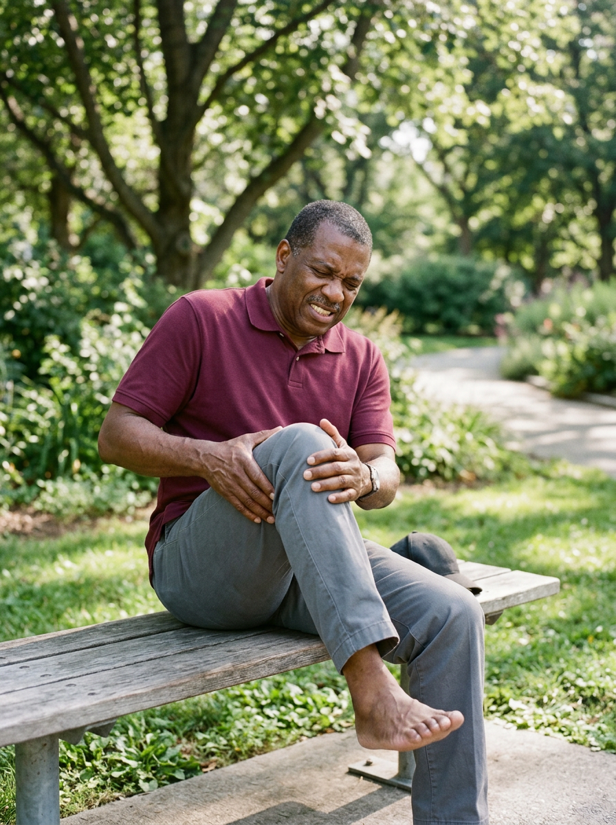 Older Black male veteran in his 60s sitting on a park bench with both feet flat on the ground unable to cross his legs due to hip limitation