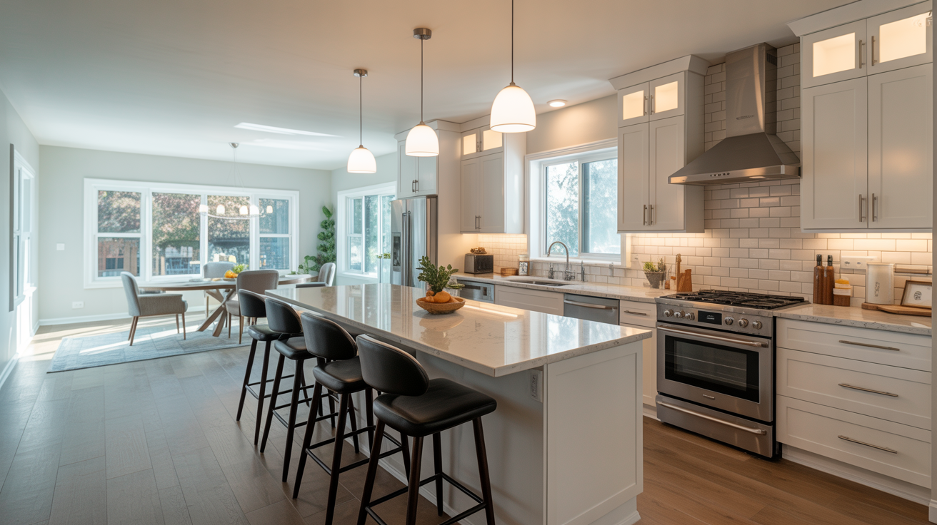 Modern renovated park home kitchen with white cabinets and quartz countertops