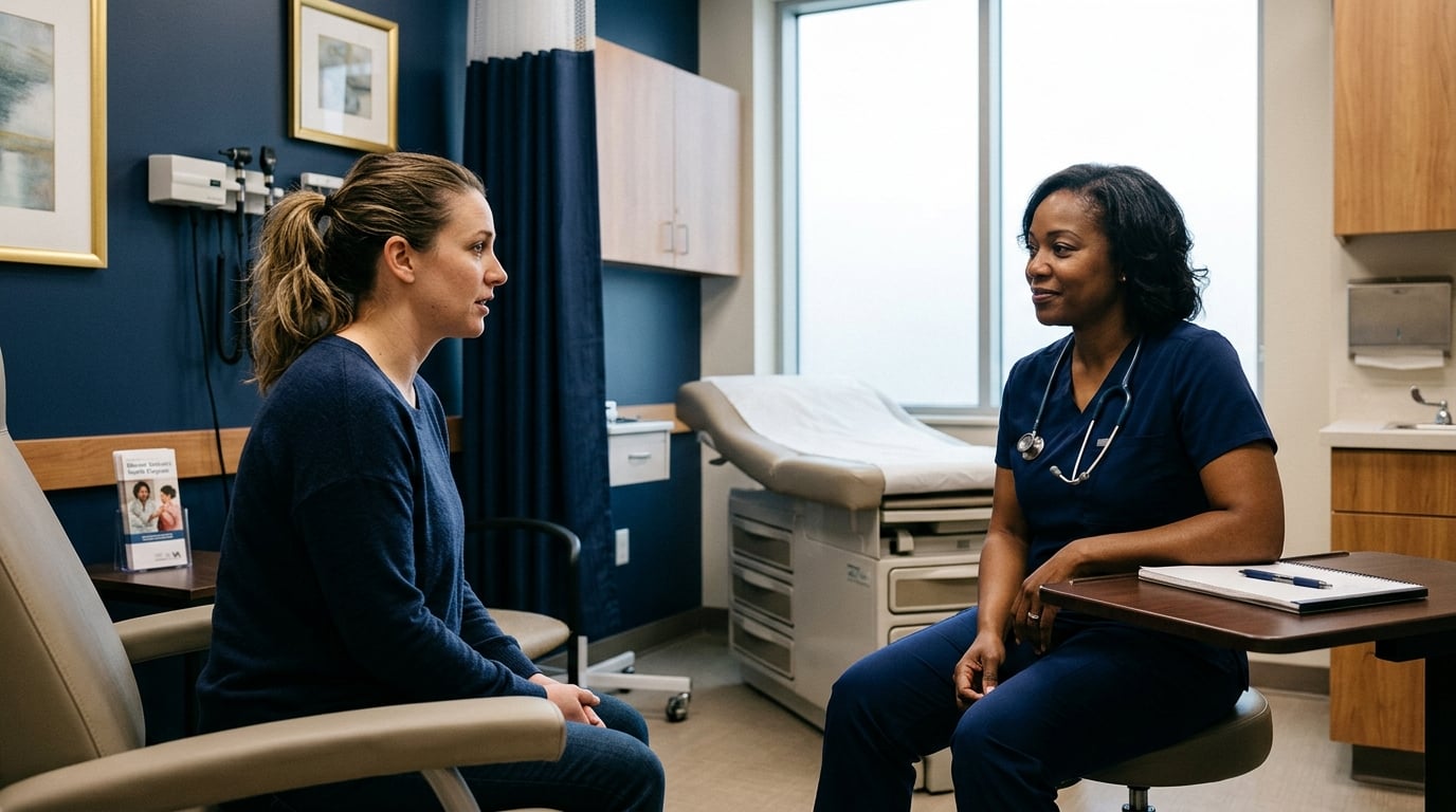 A woman veteran discussing a urinary condition privately with a provider