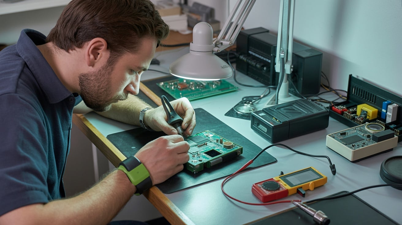 Professional technician repairing gaming console at organized workbench