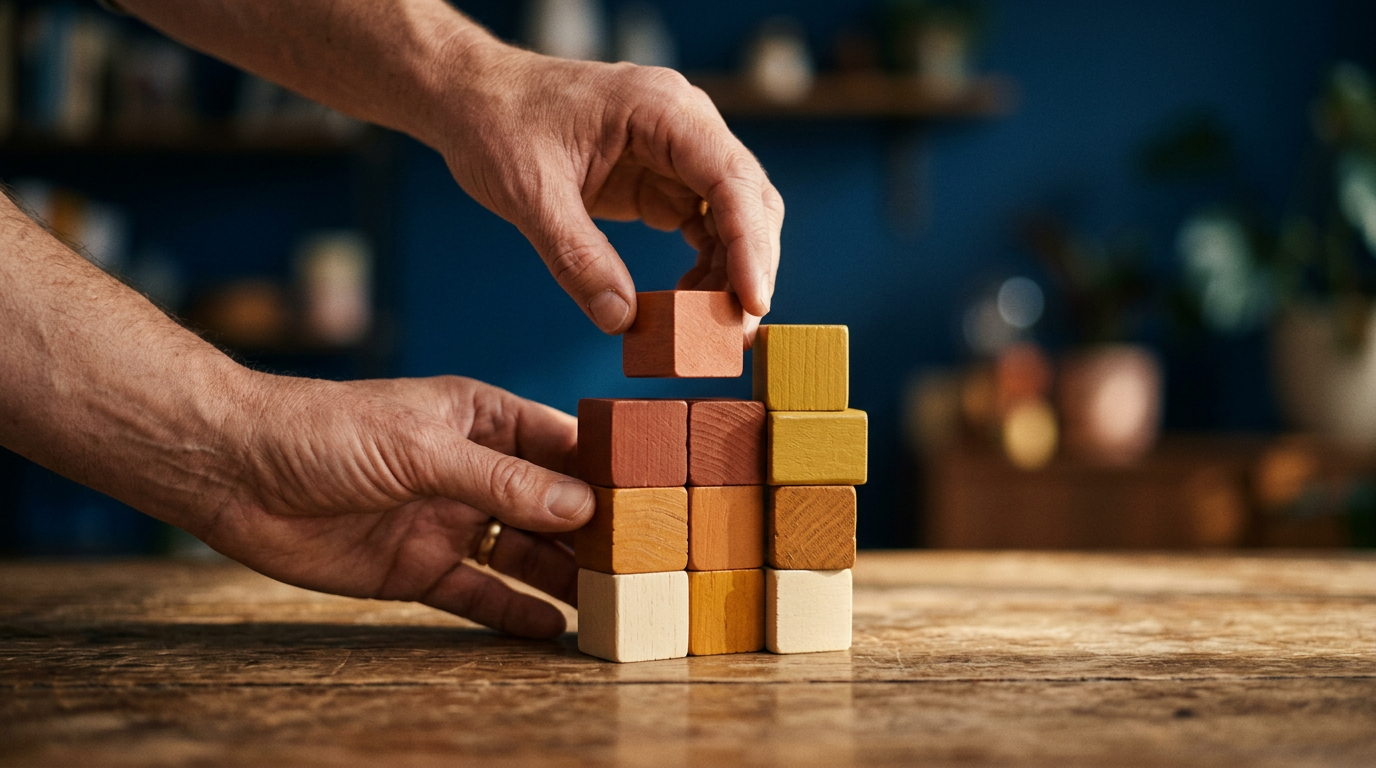 Mãos empilhando blocos coloridos simbolizando construção incremental de hábitos