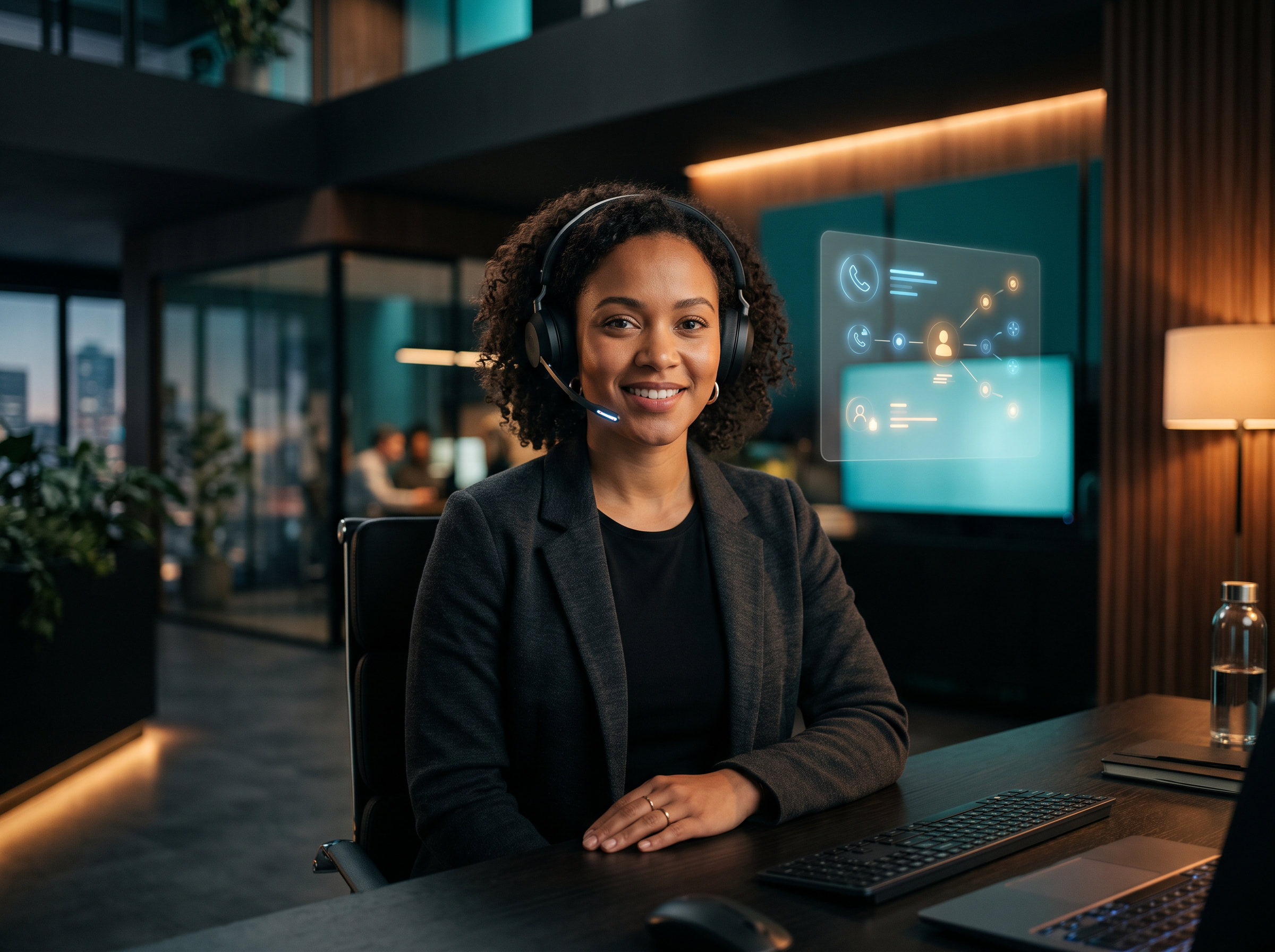 Professional wearing a headset in a modern office with amber and teal lighting
