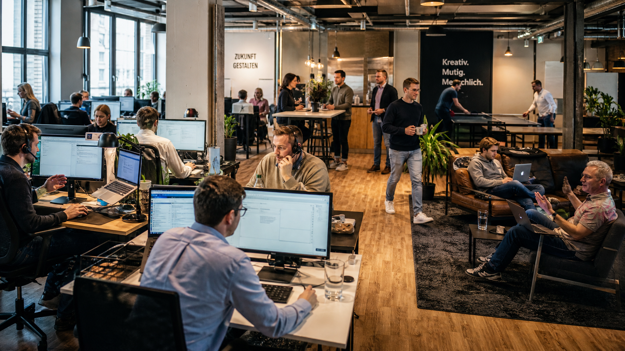 The Field Sales Germany team at work in their coworking office — SDRs on calls, analysts at monitors, colleagues in discussion