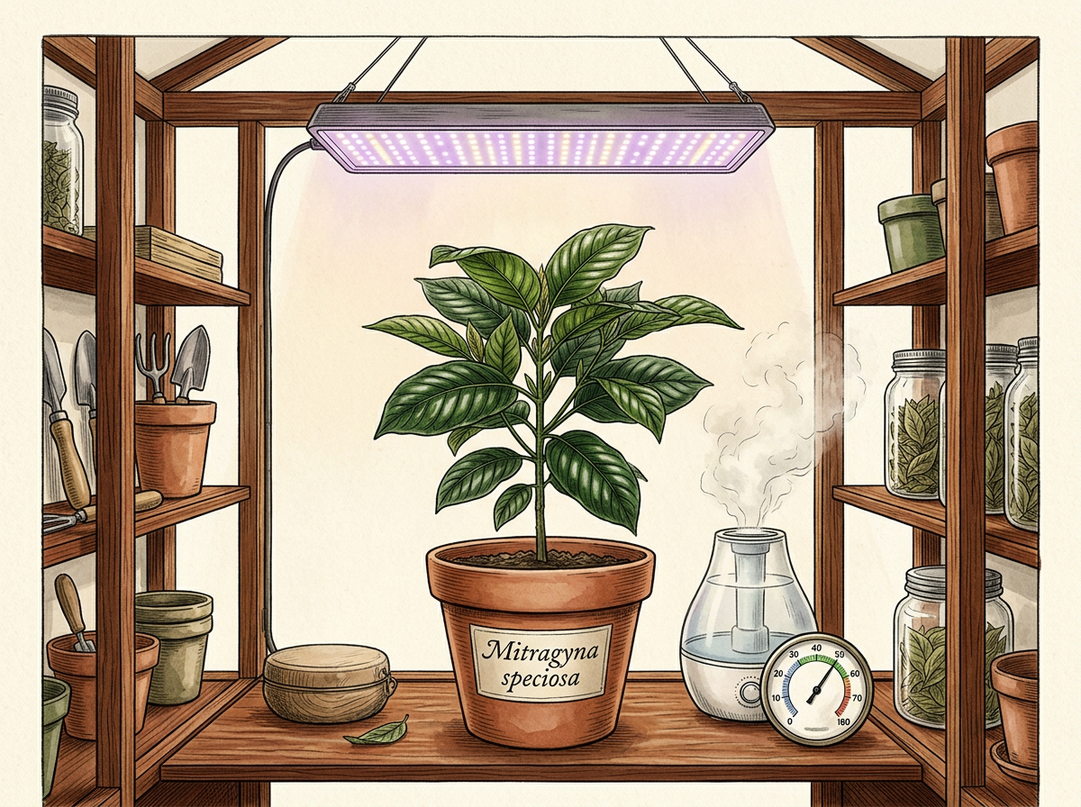 Illustration of an indoor kratom grow corner with an LED grow light, humidifier and hygrometer