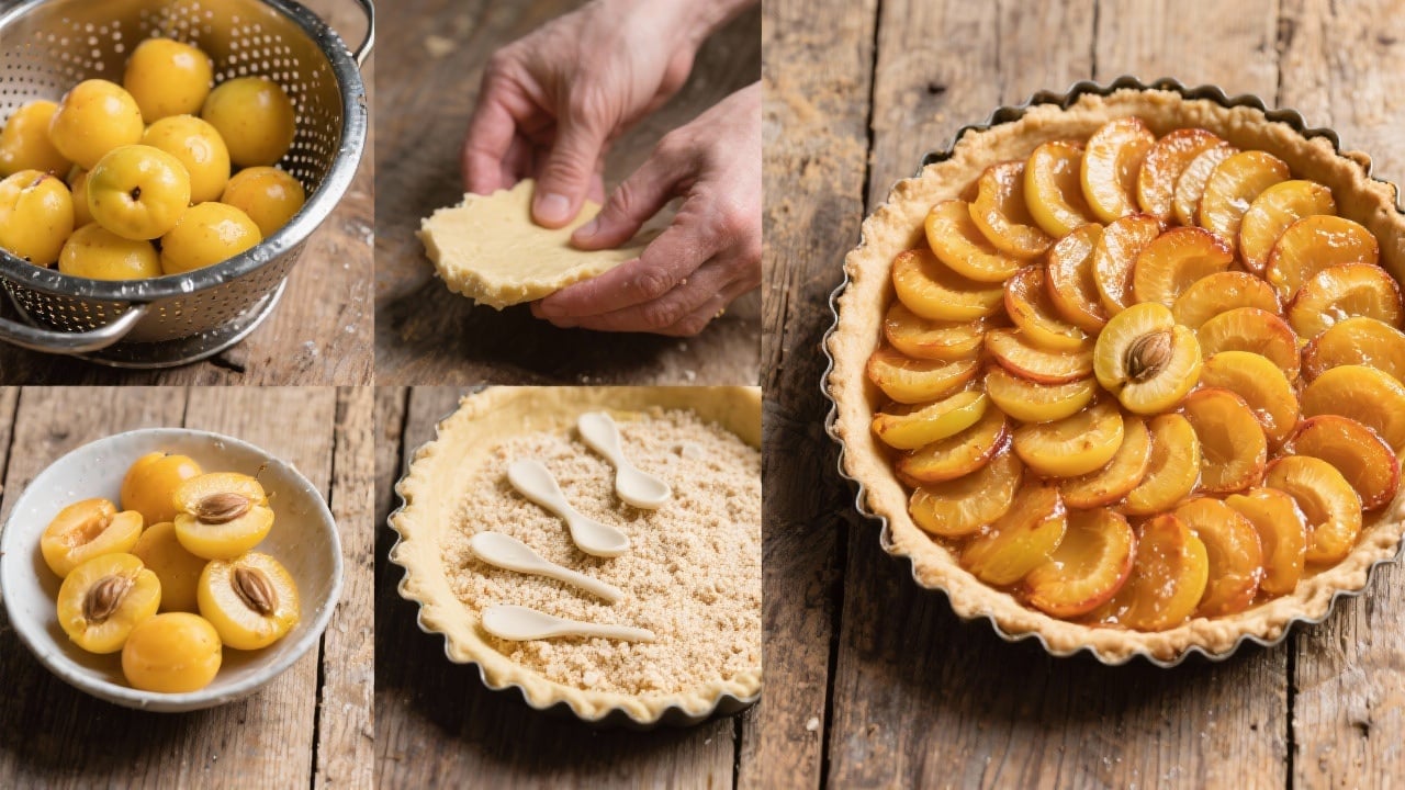 Tarte aux Mirabelles 2 Une tarte aux mirabelles dorée et appétissante, garnie de fruits juteux disposés en cercles concentriques sur une pâte sablée croustillante. Saupoudrée de sucre roux légèrement caramélisé, elle est décorée de mirabelles entières et servie dans un plat en céramique blanche. En arrière-plan, des ingrédients comme des mirabelles fraîches, de la poudre d’amande et un rouleau à pâtisserie ajoutent une touche rustique et invitante.